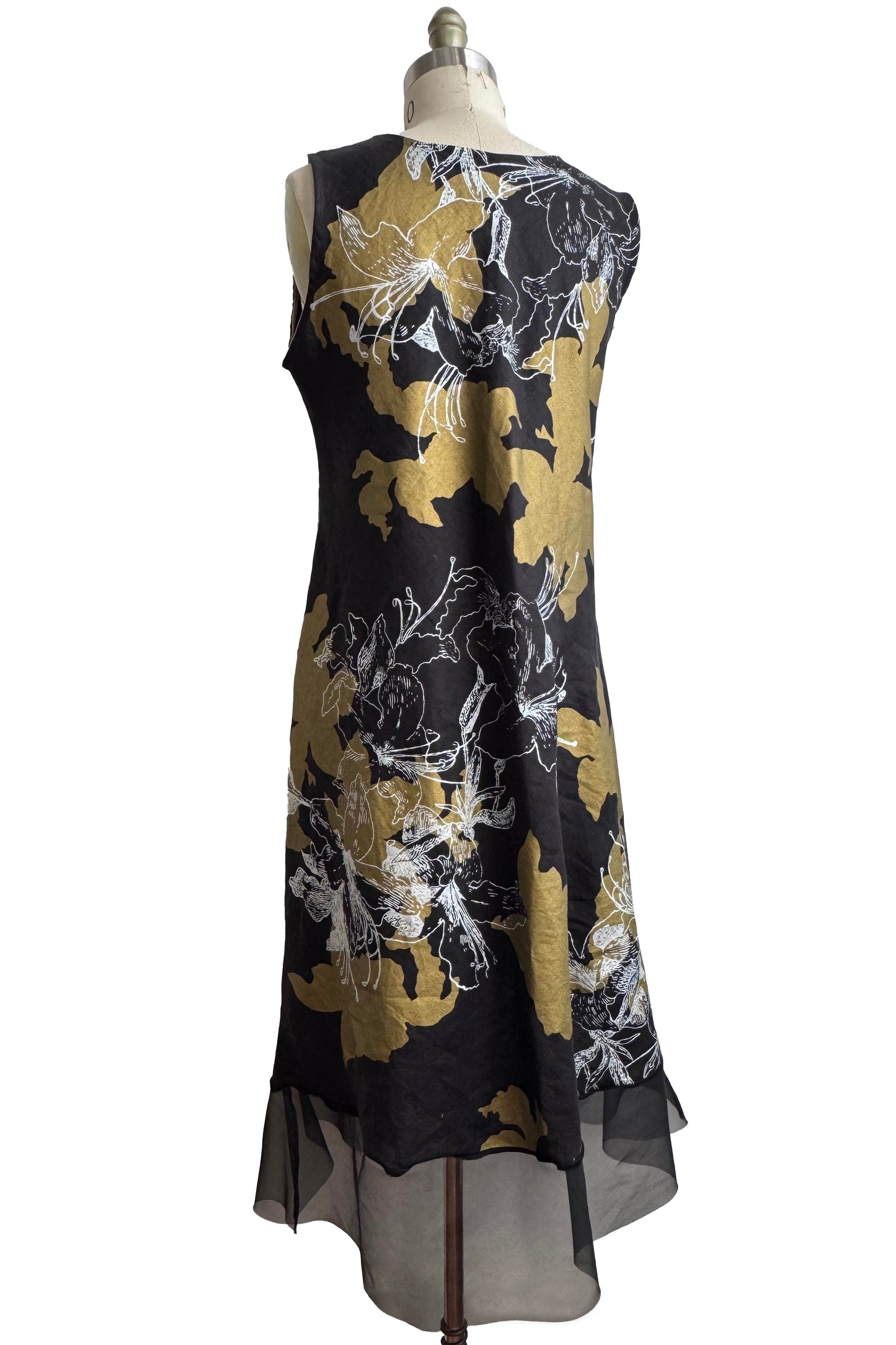Emilia Dress | Linen w/ Silk Organza Trim | Azalea Print | Black & Gold | Small