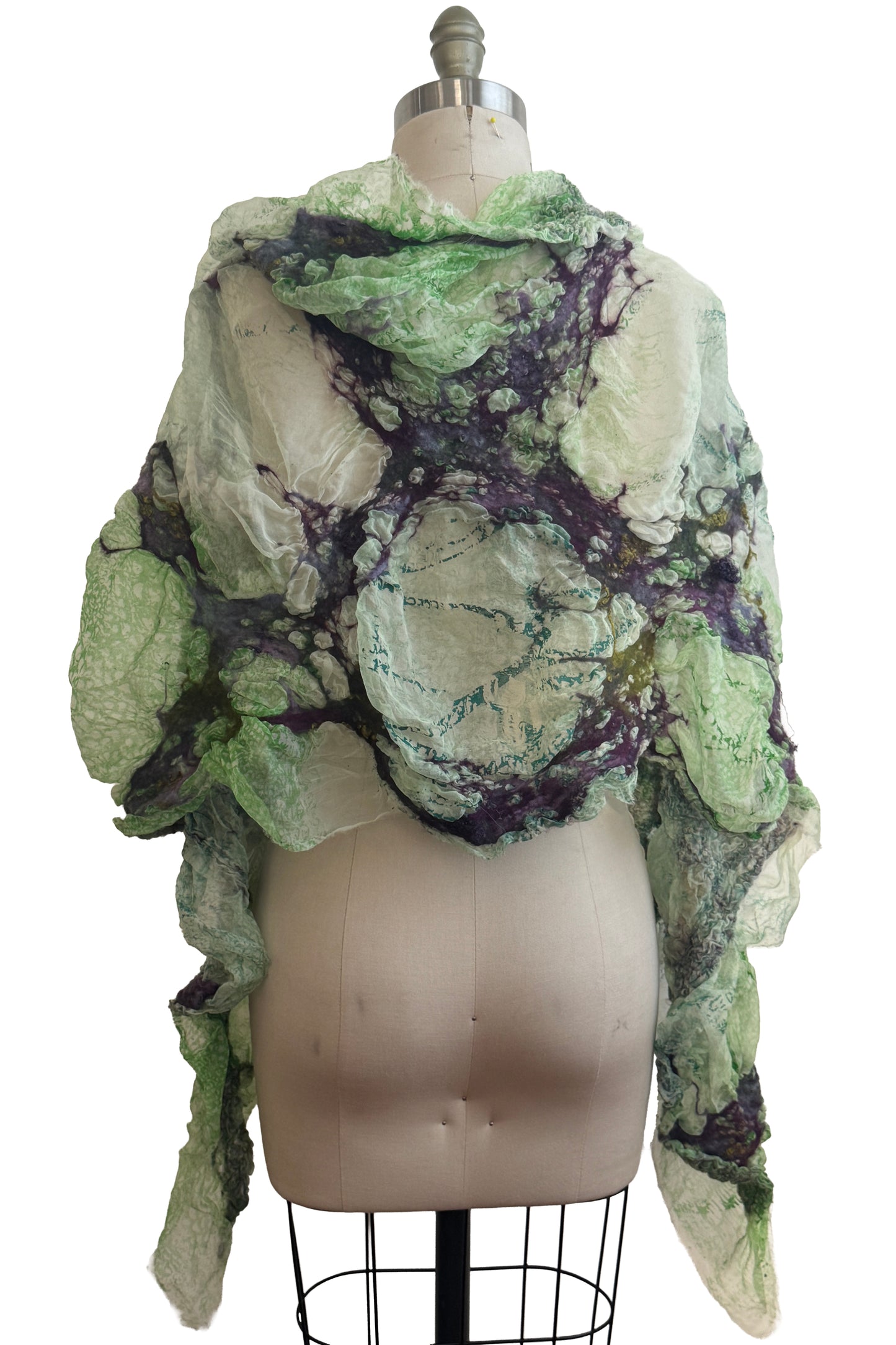 Felted Shawl | Silk Organza | Alligator Print | Light Green, Purple & Olive