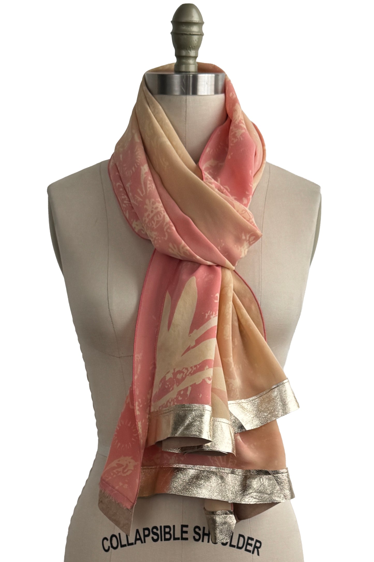 Shawl w/ Leather Trim | Silk Georgette | Wallpaper & Azalea Print | Coral, Yellow & Gold