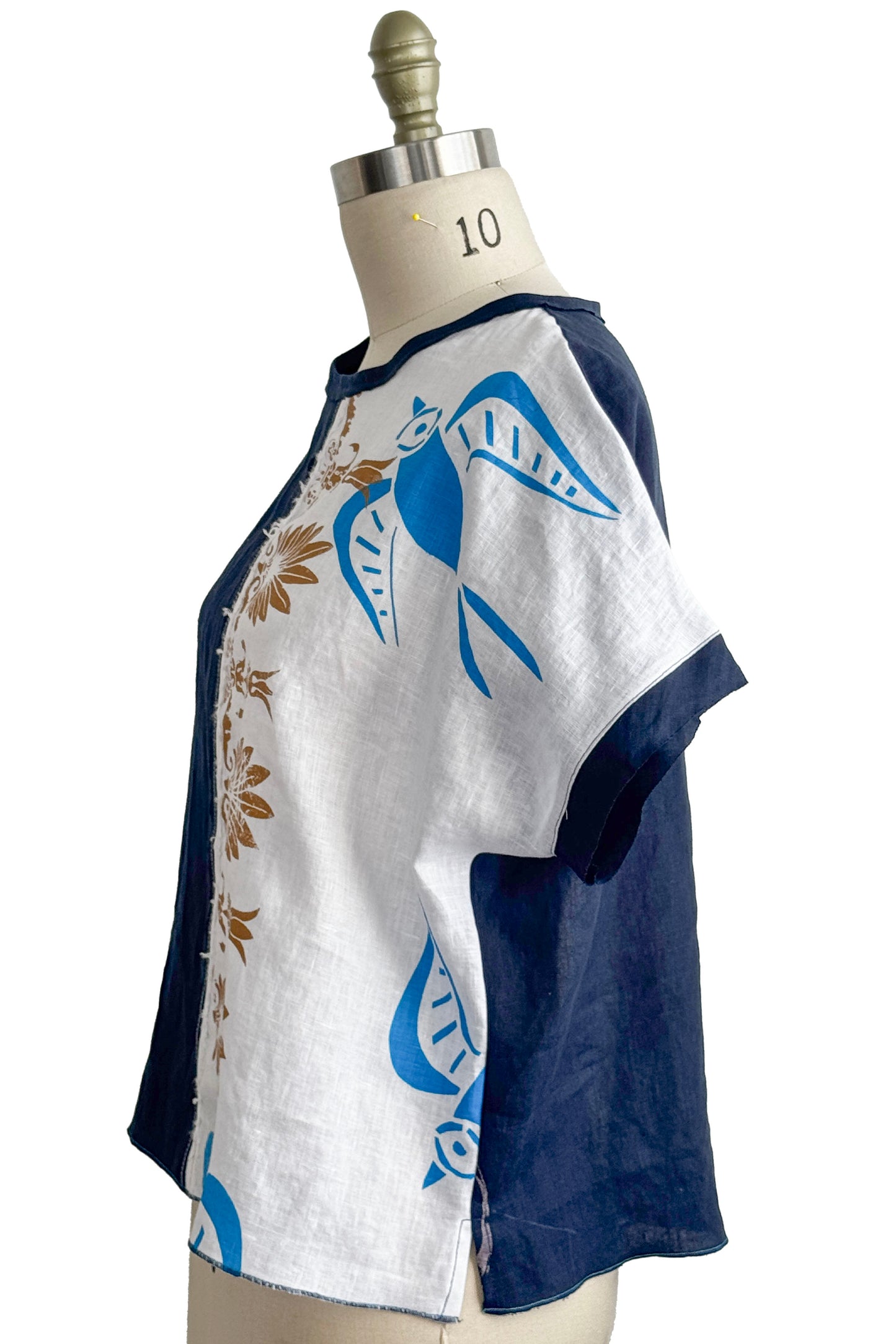 Jen Top | Linen | Tile & Bird Paper Cut Print | Black, White, Gold & Blue | Medium
