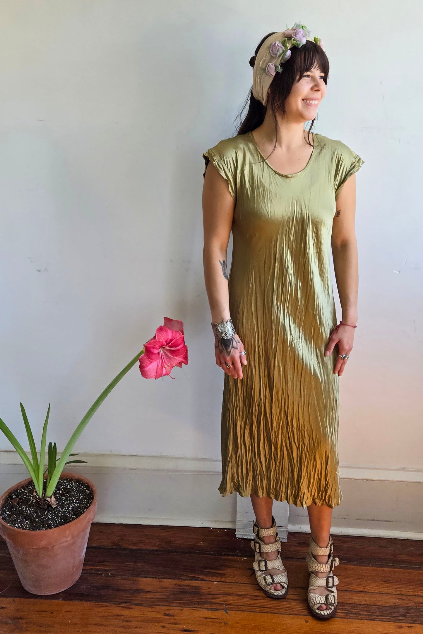 Crinkle Tea Dress | Silk Crepe de Chine | Twist Dyed | Blue & Olive | Medium
