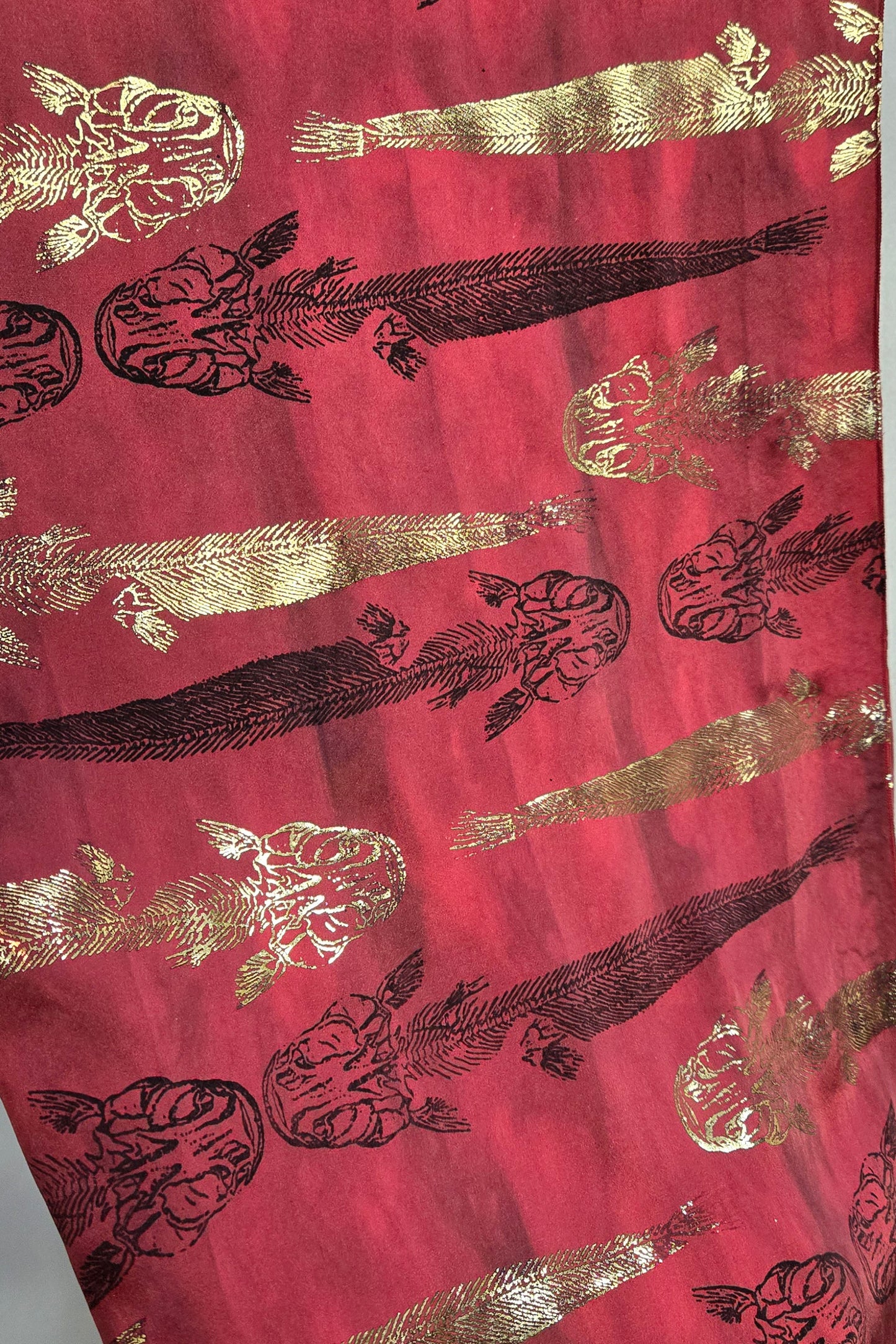 Scarf | Silk Charmeuse | Foil Fishbone Print | Red, Gold & Black