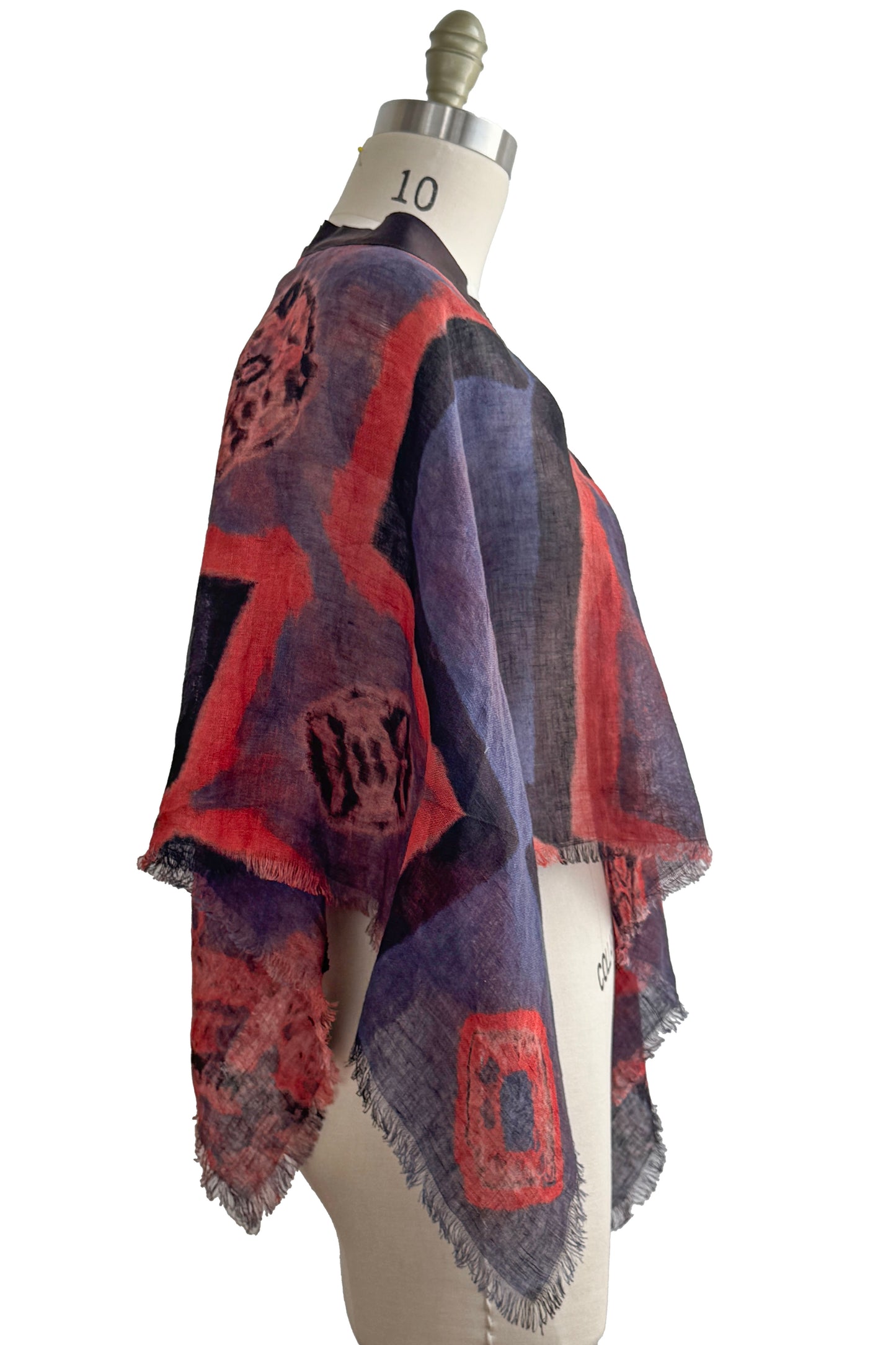 Open Weave Poncho w/ Silk Trim | Open Weave Linen | Itajime & Kumo Dye | Navy, Black & Red