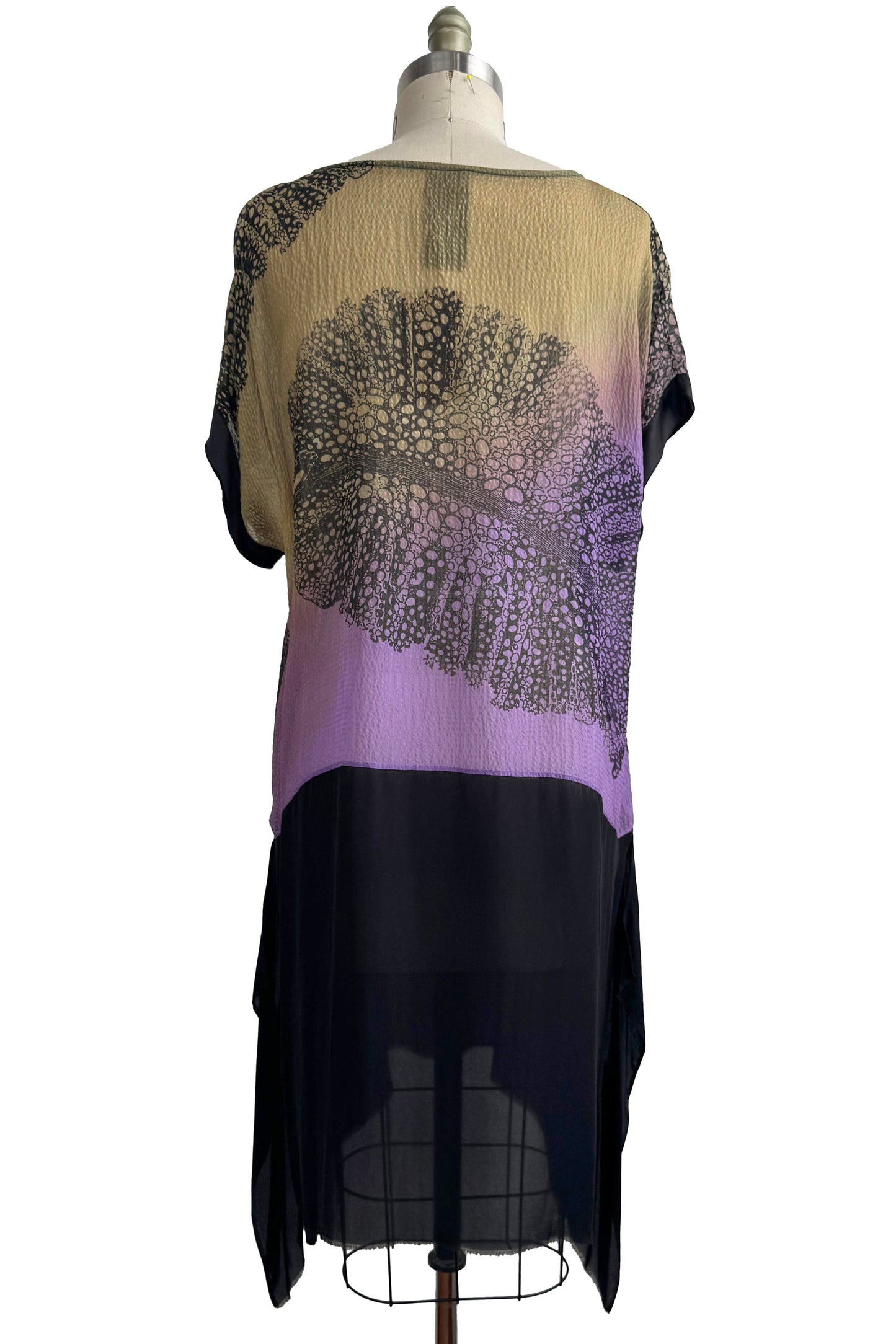 Essa Dress | Seersucker Silk & Silk Georgette | Big Leaf Print & Ombre Dye | Green & Purple | Medium