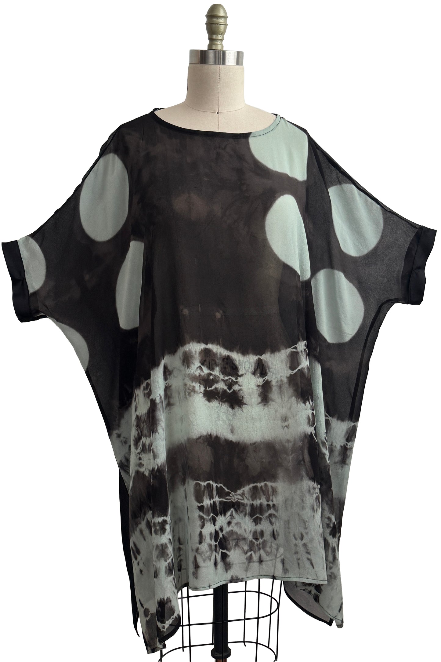 Deb Tunic Dress | Silk Chiffon | Moon Dot Print & River Dye | Black & Natural | One Size