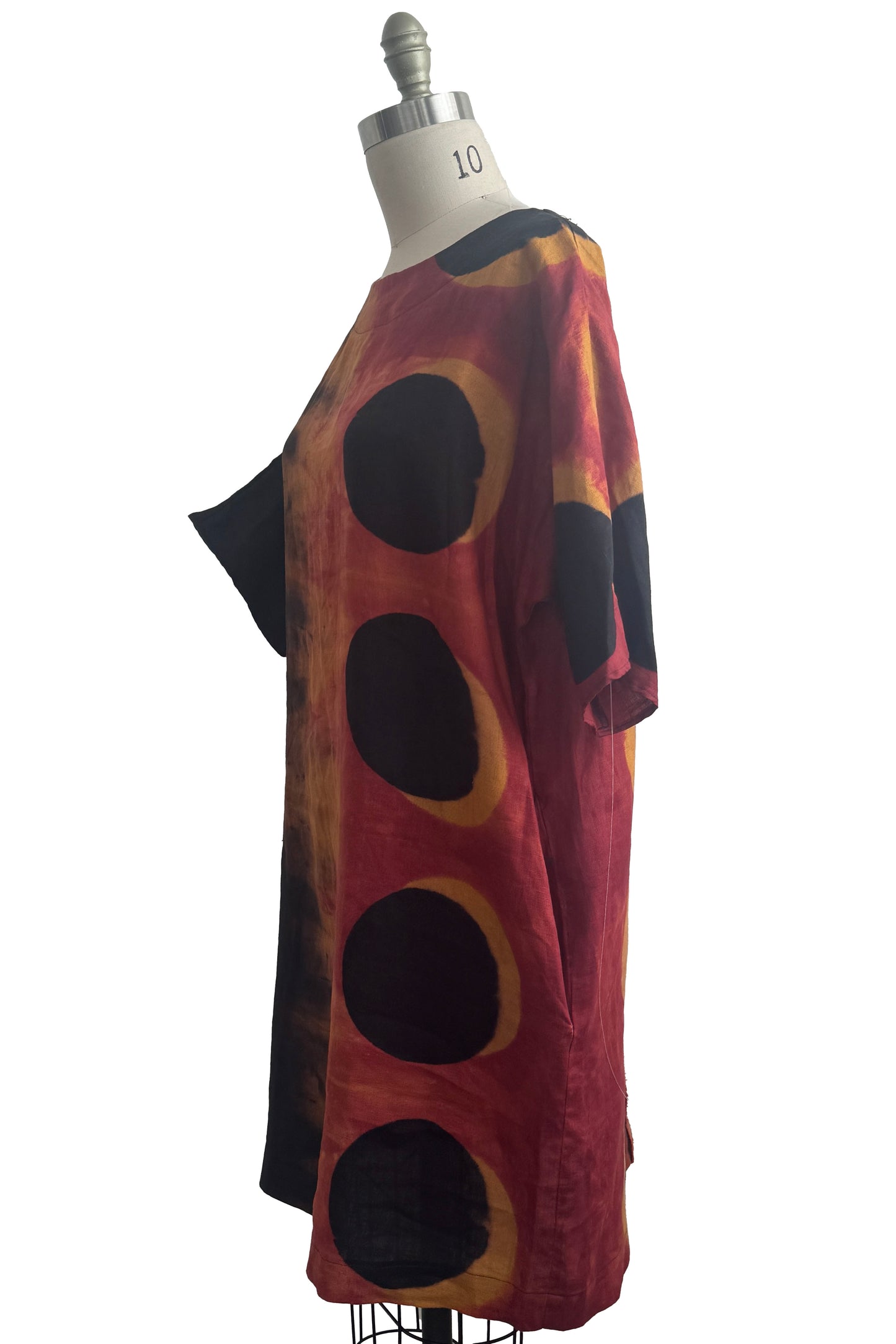 Greg's Dress | Linen | Itajime Dyed Circles | Black, Orange & Natural | One Size \ Medium