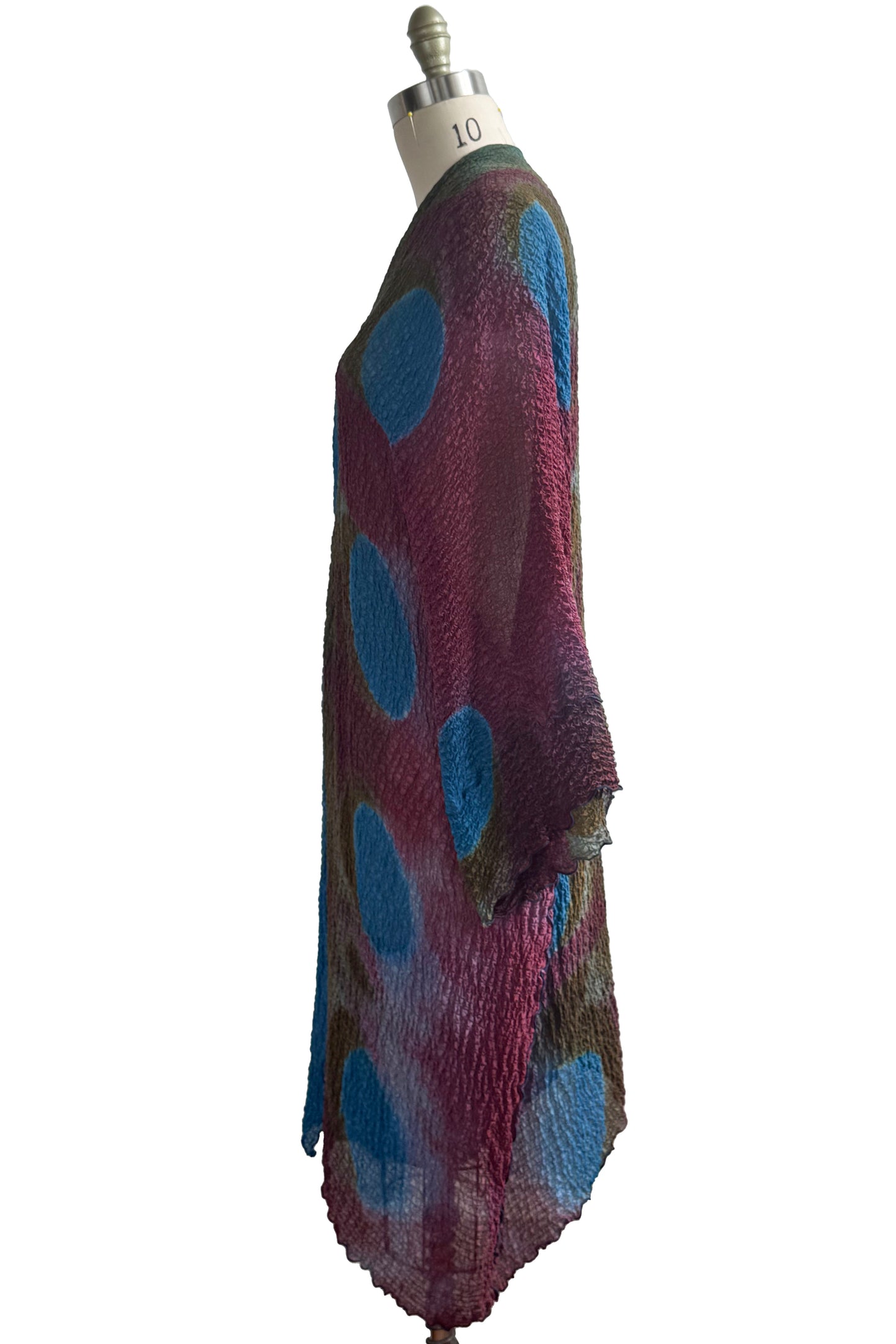 Lundy Duster | Waffle Textured Silk | Itajime Dye | Turquoise Blue, Red & Olive