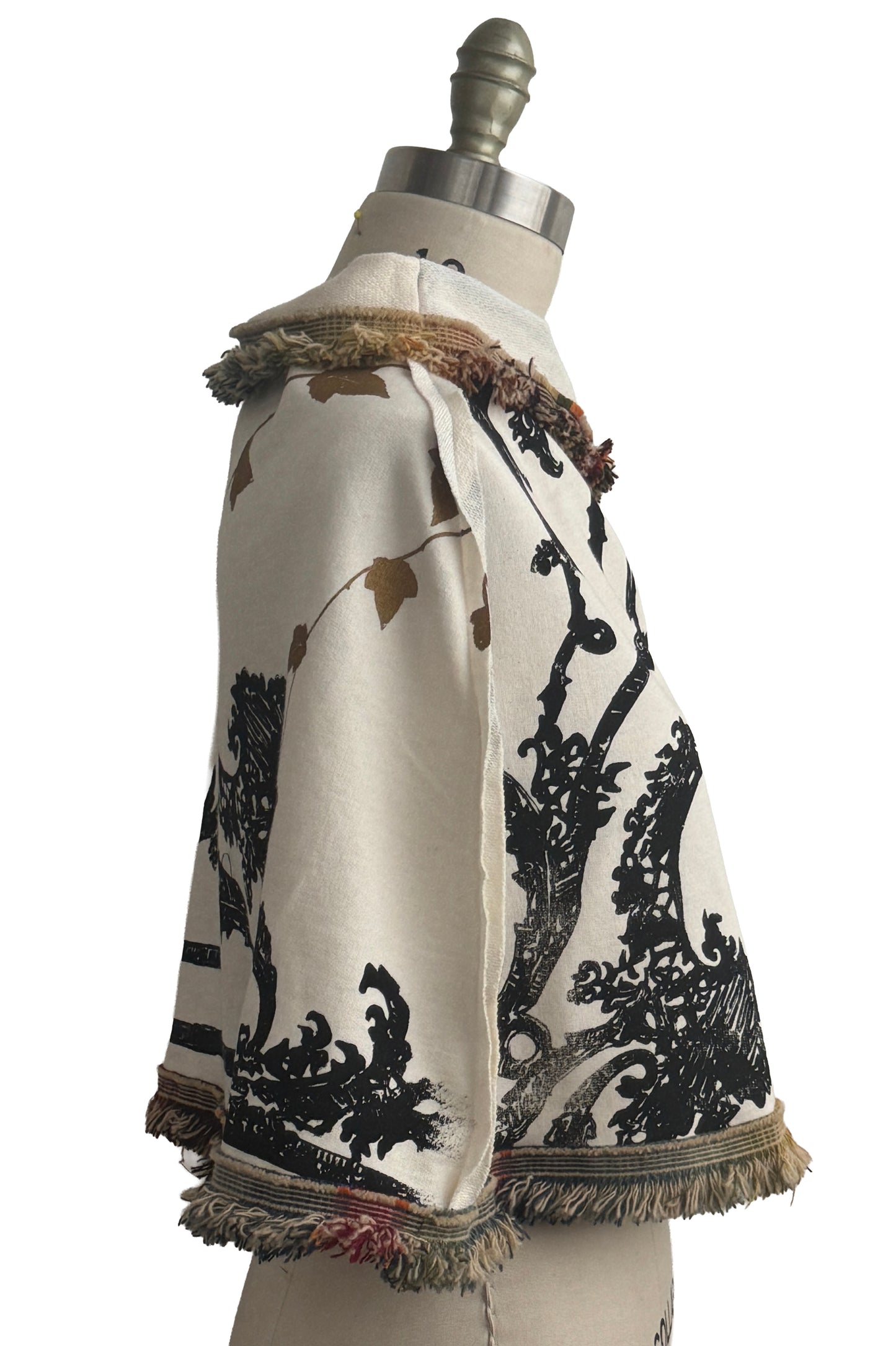 KB Studio Fringe Shrug | Organic Cotton French Terry | Scroll & Vine Print | White, Black & Gold
