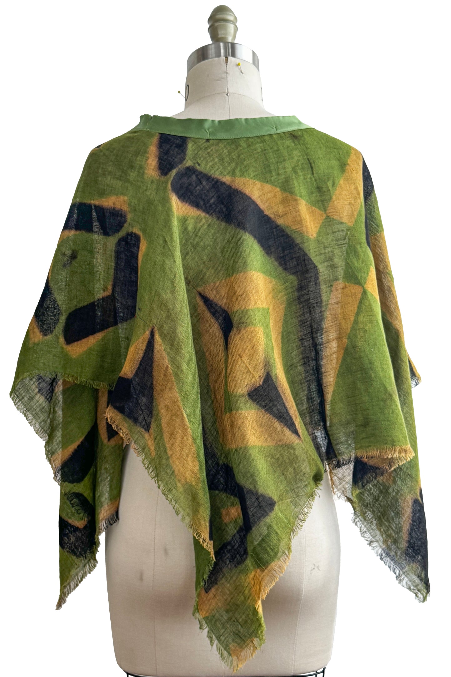 Open Weave Poncho w/ Silk Trim | Open Weave Linen | Itajime Dye | Black, Green & Gold