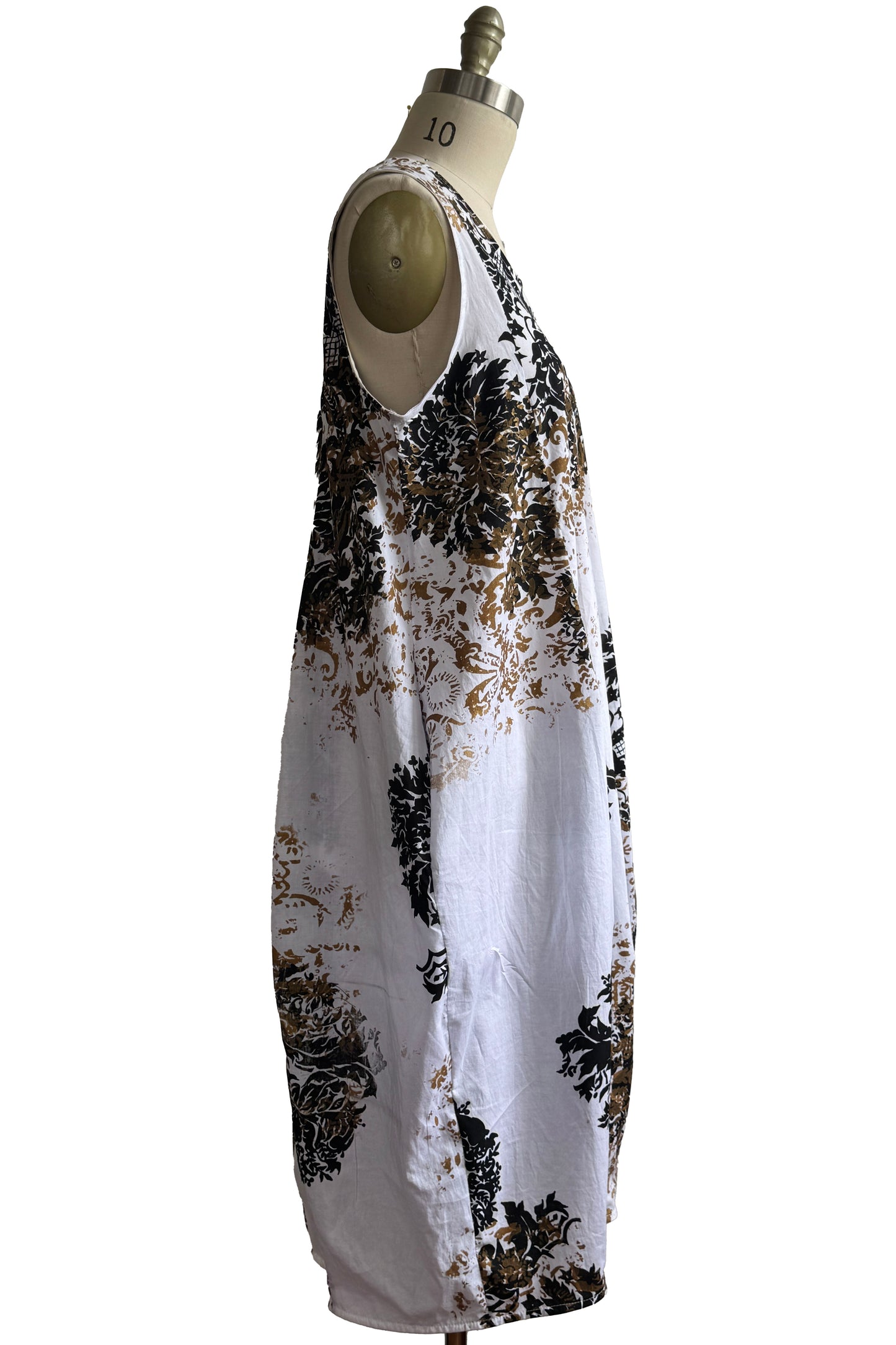 Plum Dress | Cotton | Wallpaper & Scroll Print | White, Black & Gold | Medium