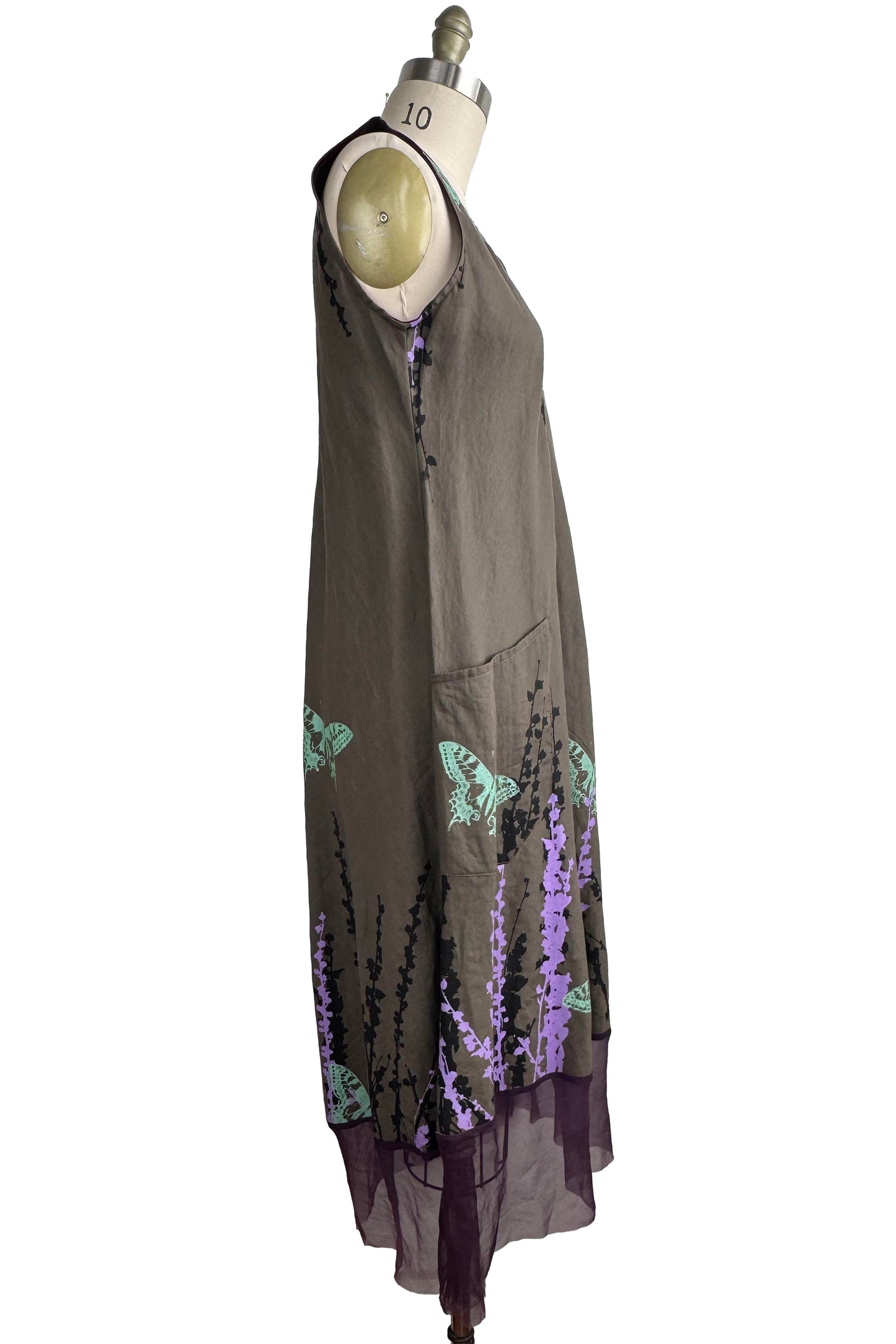 Emilia Dress | Linen w/ Organza Trim | Butterfly & Hollyhock Print | Purple, Green & Grey Small