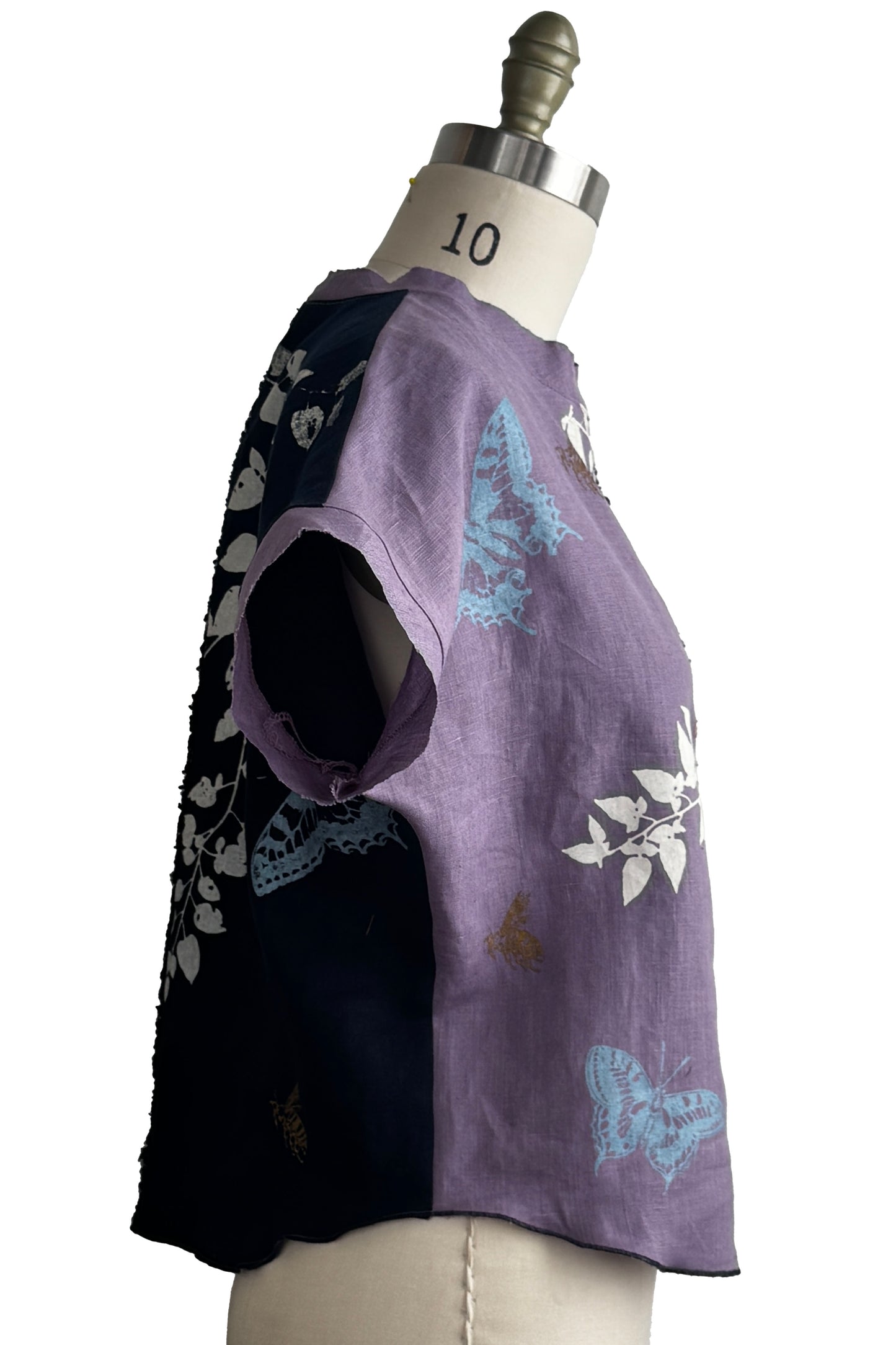 Jen Top | Linen | Vine & Butterfly Print | Navy, Lavender & White | Small-2