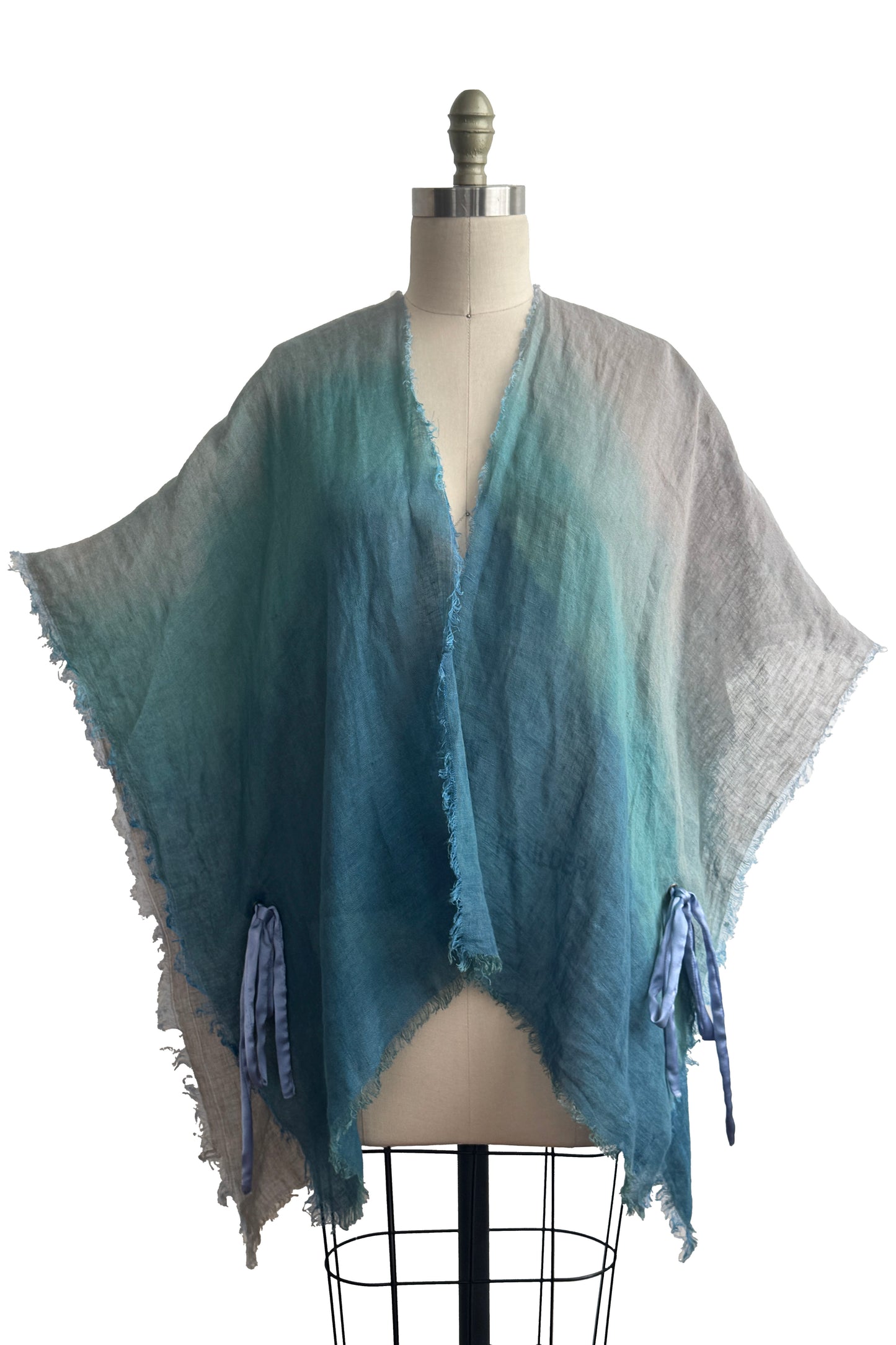 Cover-up w/ Silk Ties | Open Weave Linen | Ombre Dyed | Turquoise, Teal & Silver