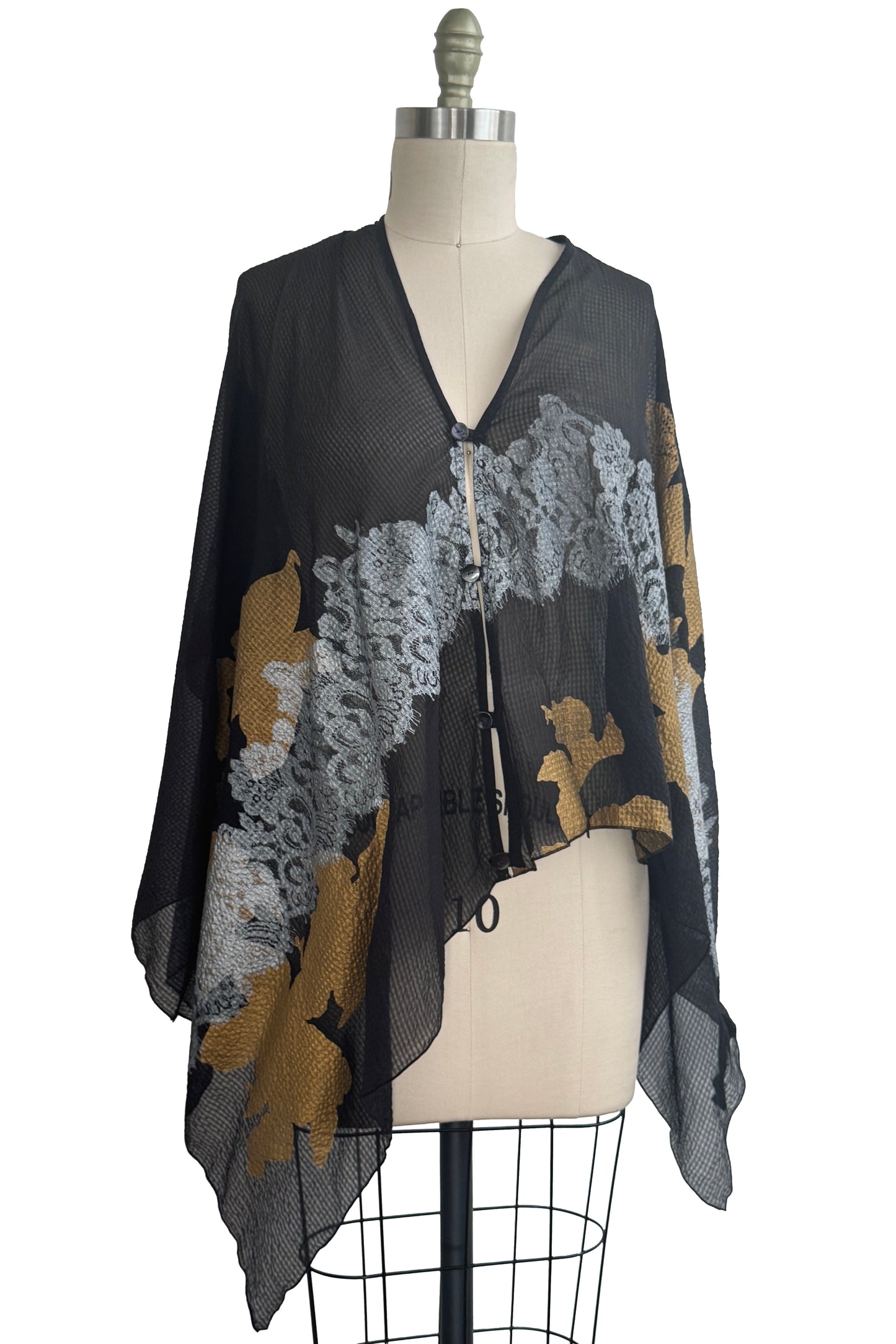 Button Drape | Seersucker Silk | Azalea & Wallpaper Print | Black, Gold & Silver