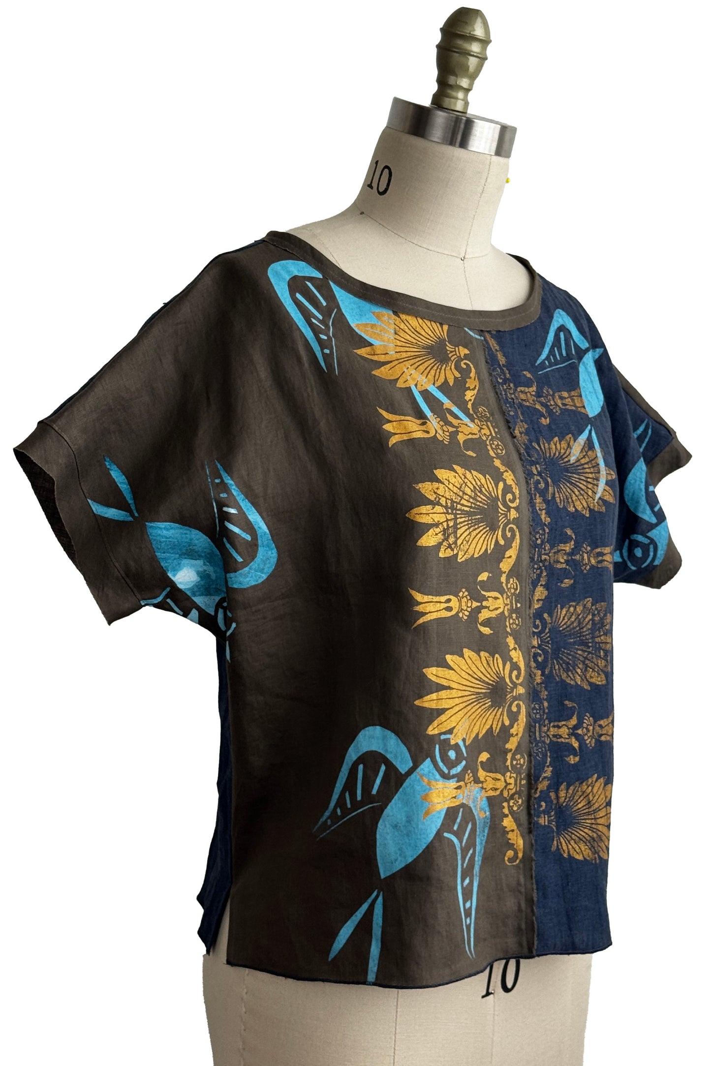 Jen Top | Linen | Tile & Bird Paper Cut Print | Olive, Navy, Gold & Aqua | Medium (3)