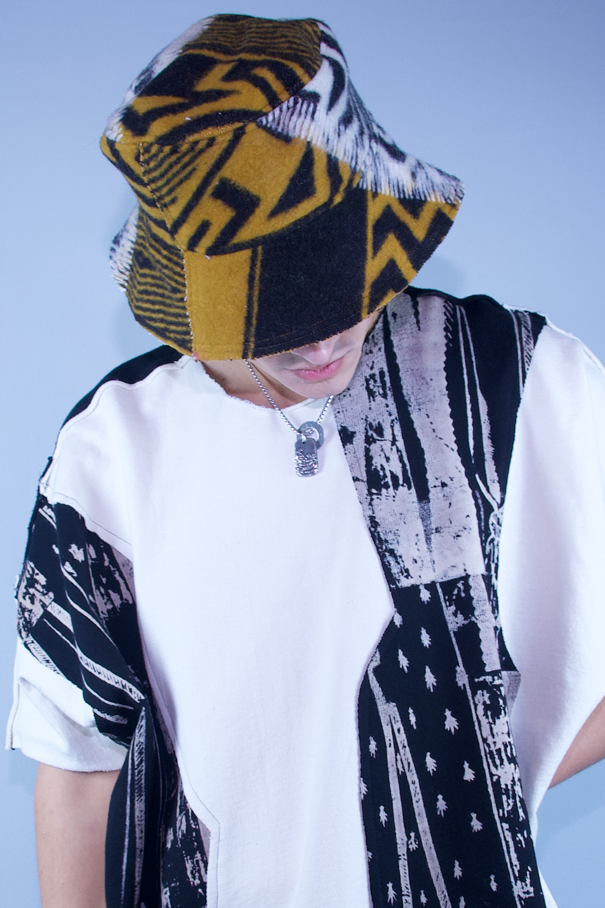Bucket Hat | Reclaimed American Milled Blanket Wool | Red Orange, Blue & Camel | Medium
