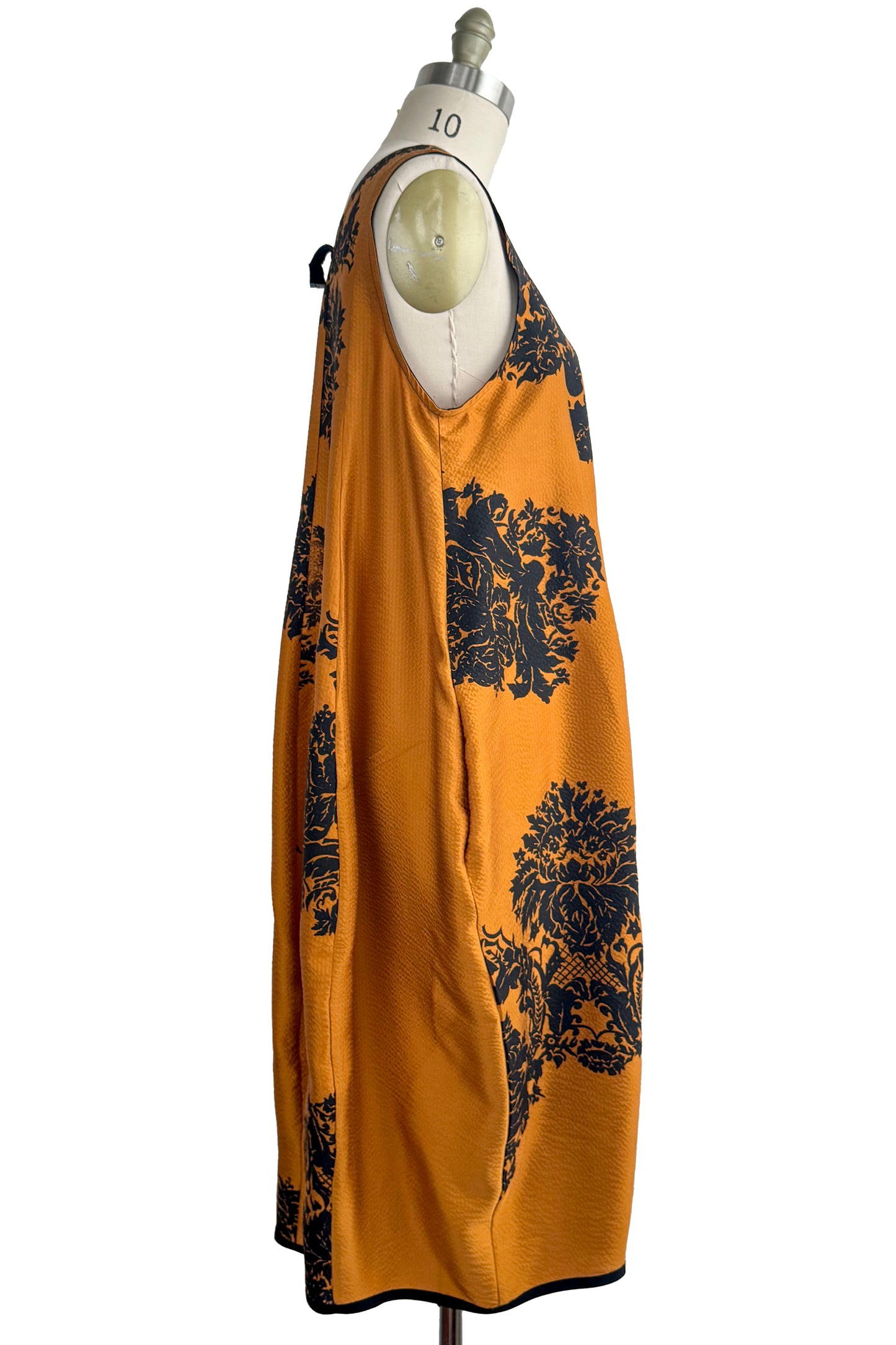 Plum Dress | Hammered Silk | Jacquard Floral Print | Black & Orange | One Size