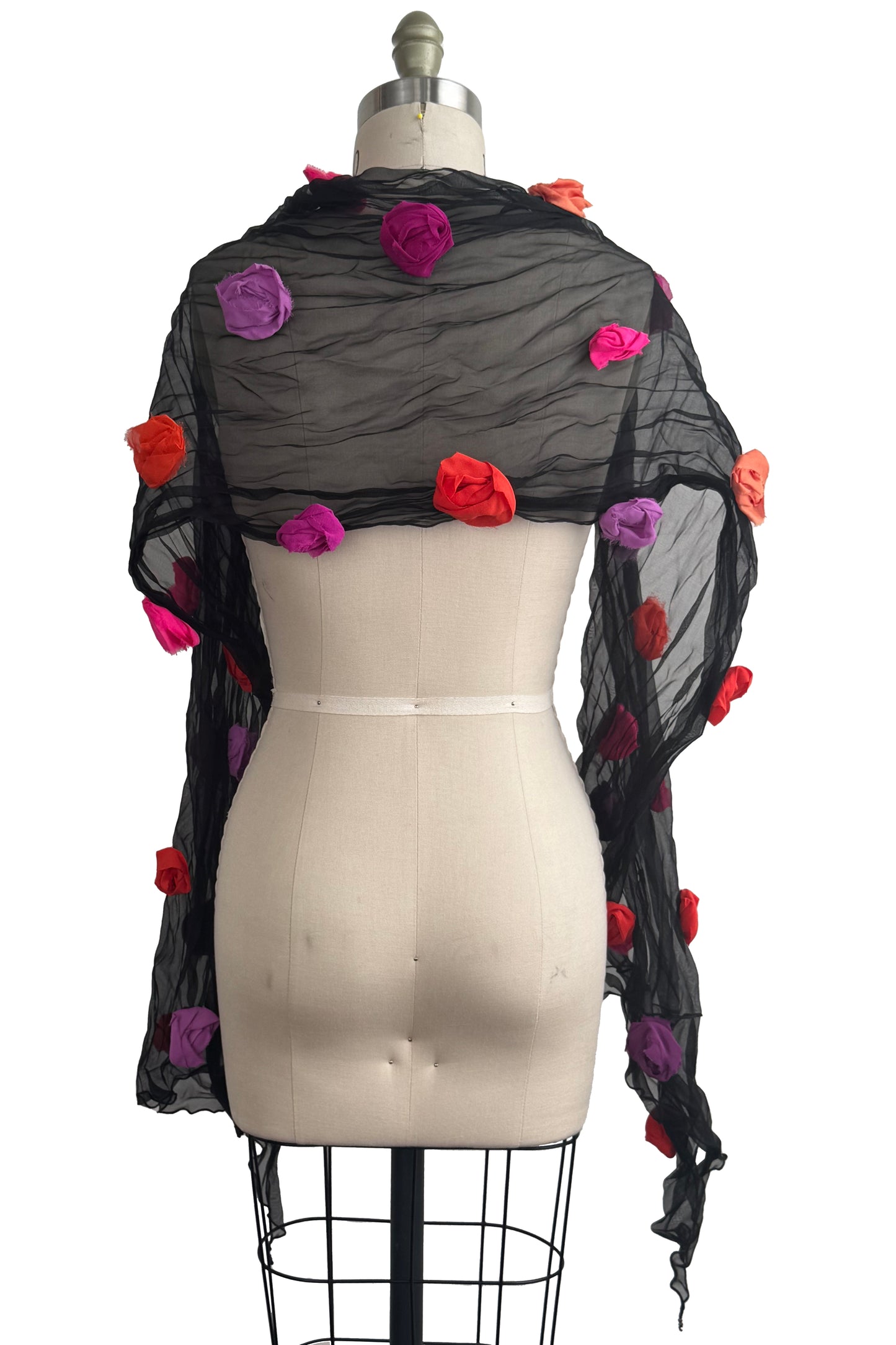 Organza Flower Shawl - Black w/ Orange, Purple, Fuchsia