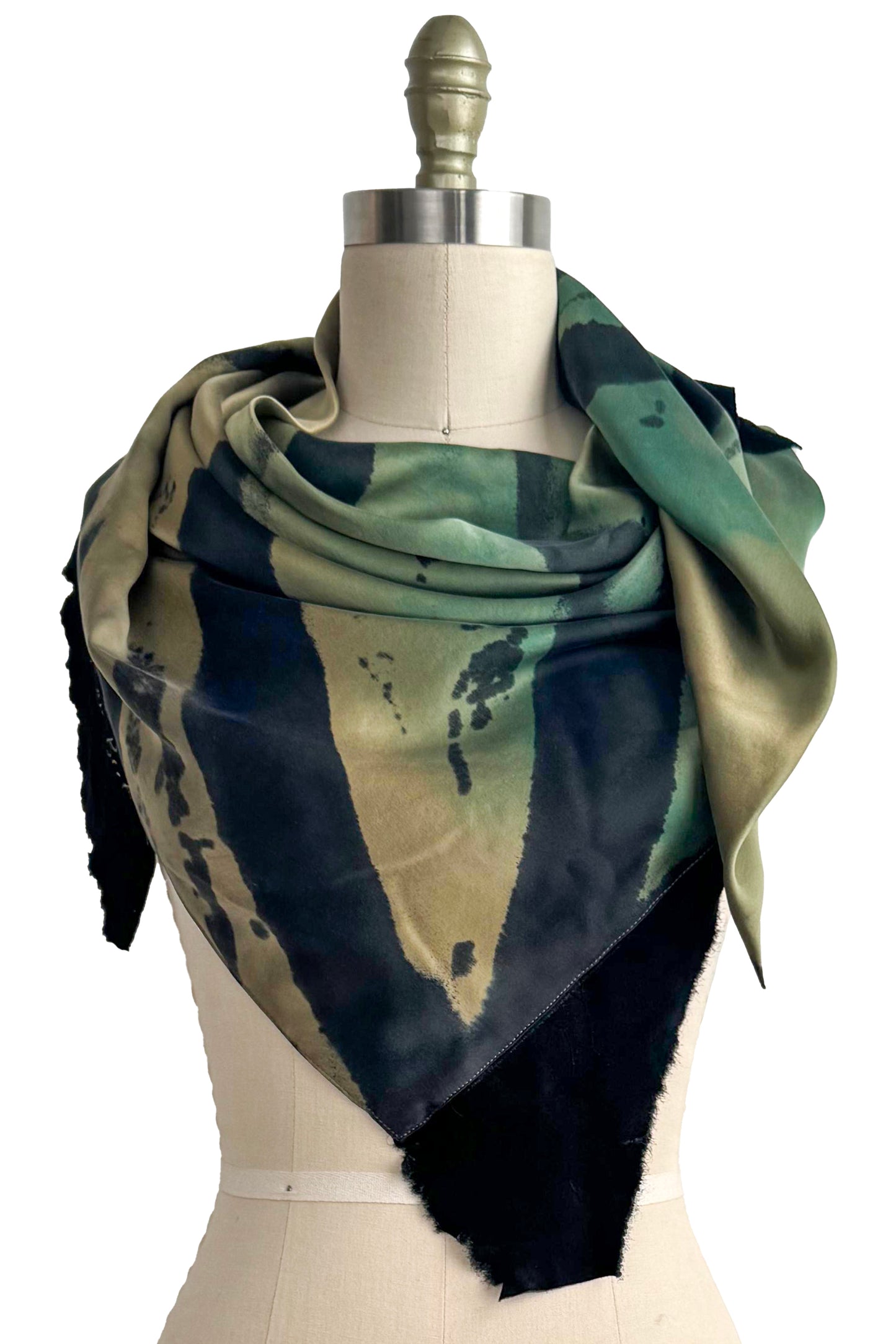Triangle Shawl w/ Leather Trim | Silk Charmeuse | Green, Chartreuse & Black