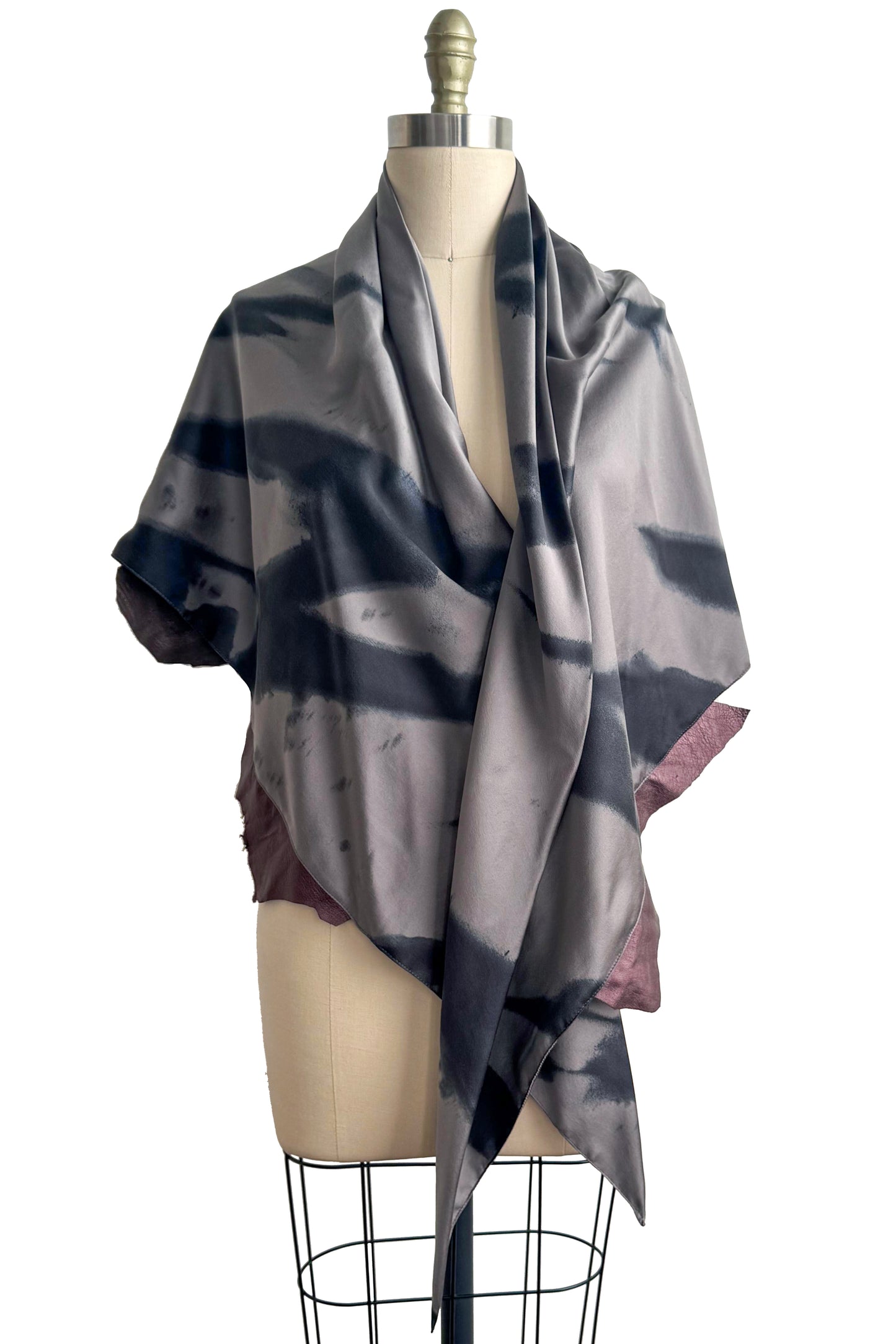 Triangle Shawl w/ Leather Trim | Silk Charmeuse | Silver & Eggplant