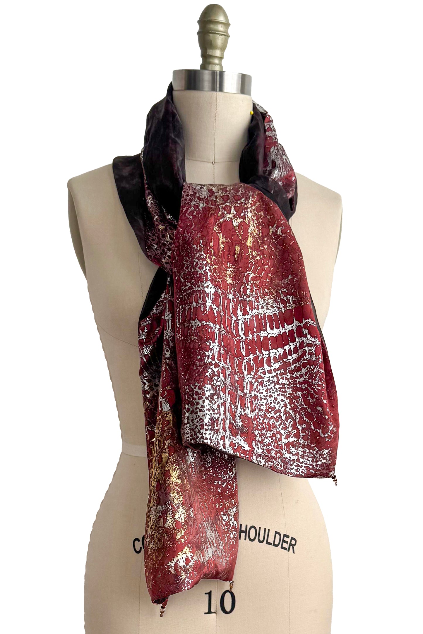 Shawl | Silk Organza & China Silk | Foil Alligator Print | Burgundy