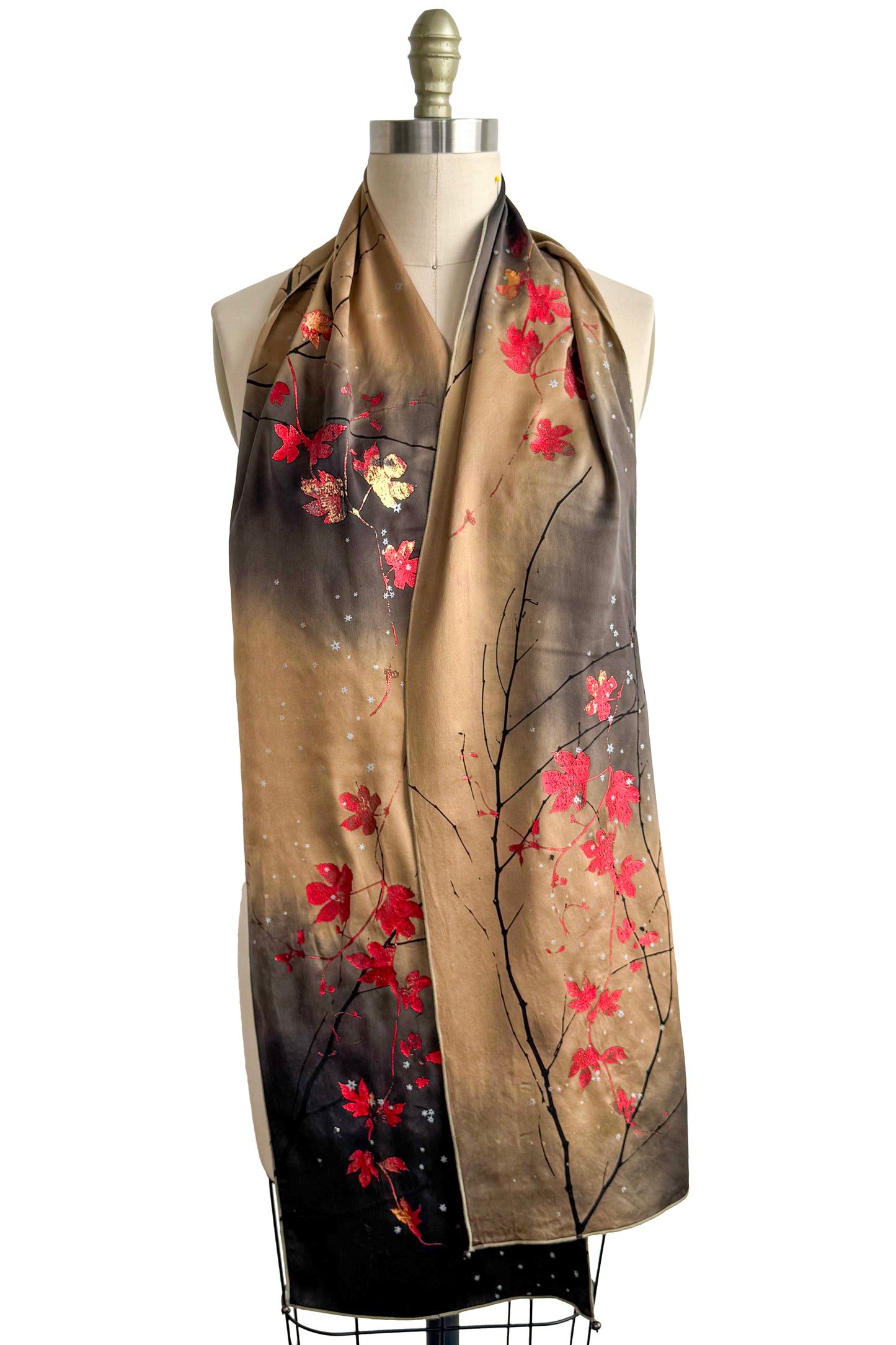 Scarf | Silk Charmeuse | Foil Hops Vine & Branch Print | Orange, Black & Red