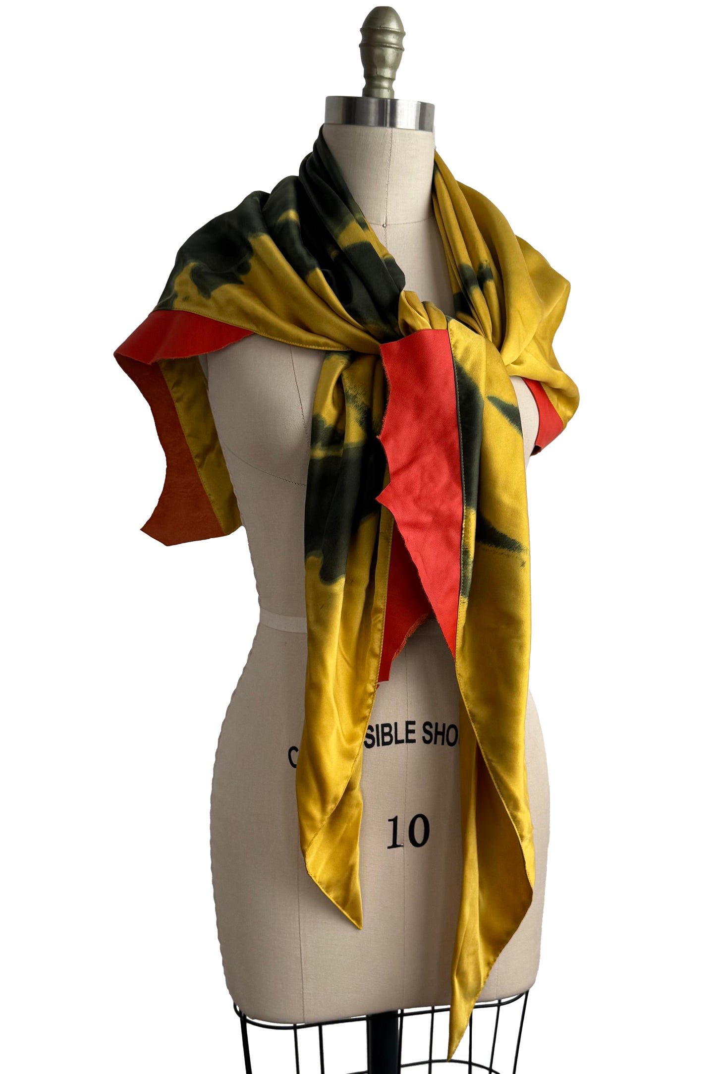 Triangle Shawl w/ Leather Trim | Silk Charmeuse | Chartreuse & Red
