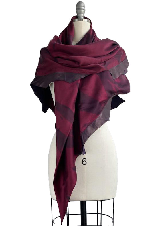 Triangle Shawl w/ Leather Trim | Silk Charmeuse | Spray Dyed | Deep Red & Eggplant