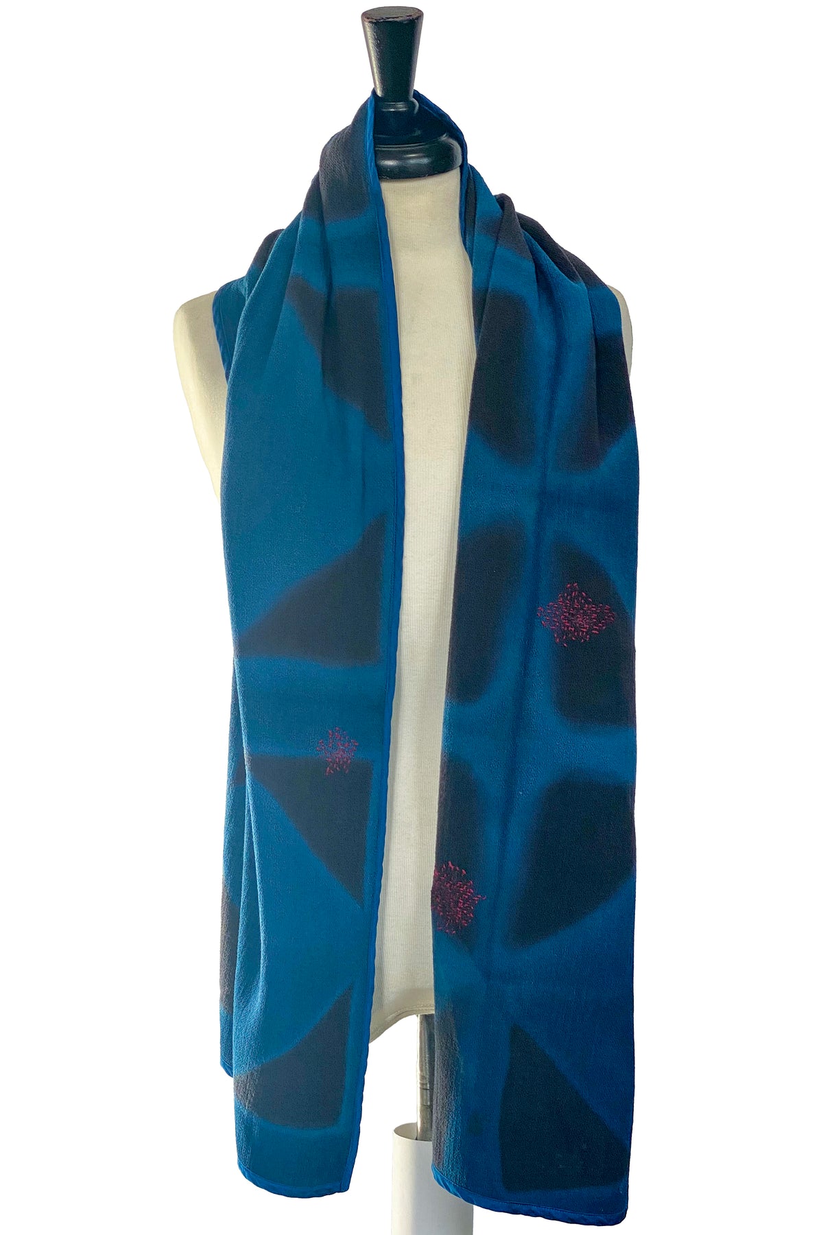Shawl w/ Bias Trim | Italian Wool | Itajime Dyed & Sachiko Stitching | Teal, Black & Red