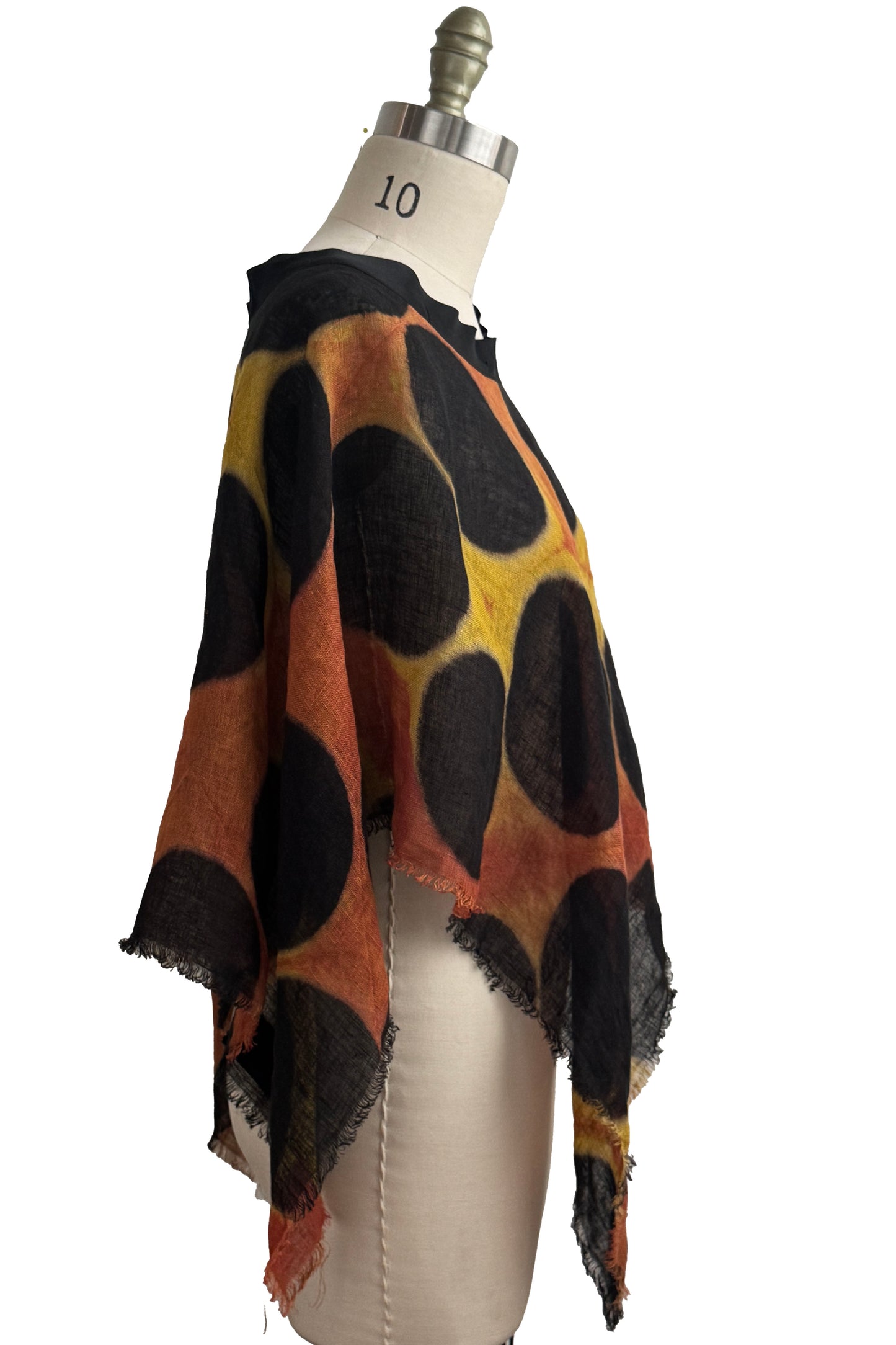 Open Weave Poncho w/ Silk Trim | Open Weave Linen | Itajime Dye | Black , Orange & Yellow