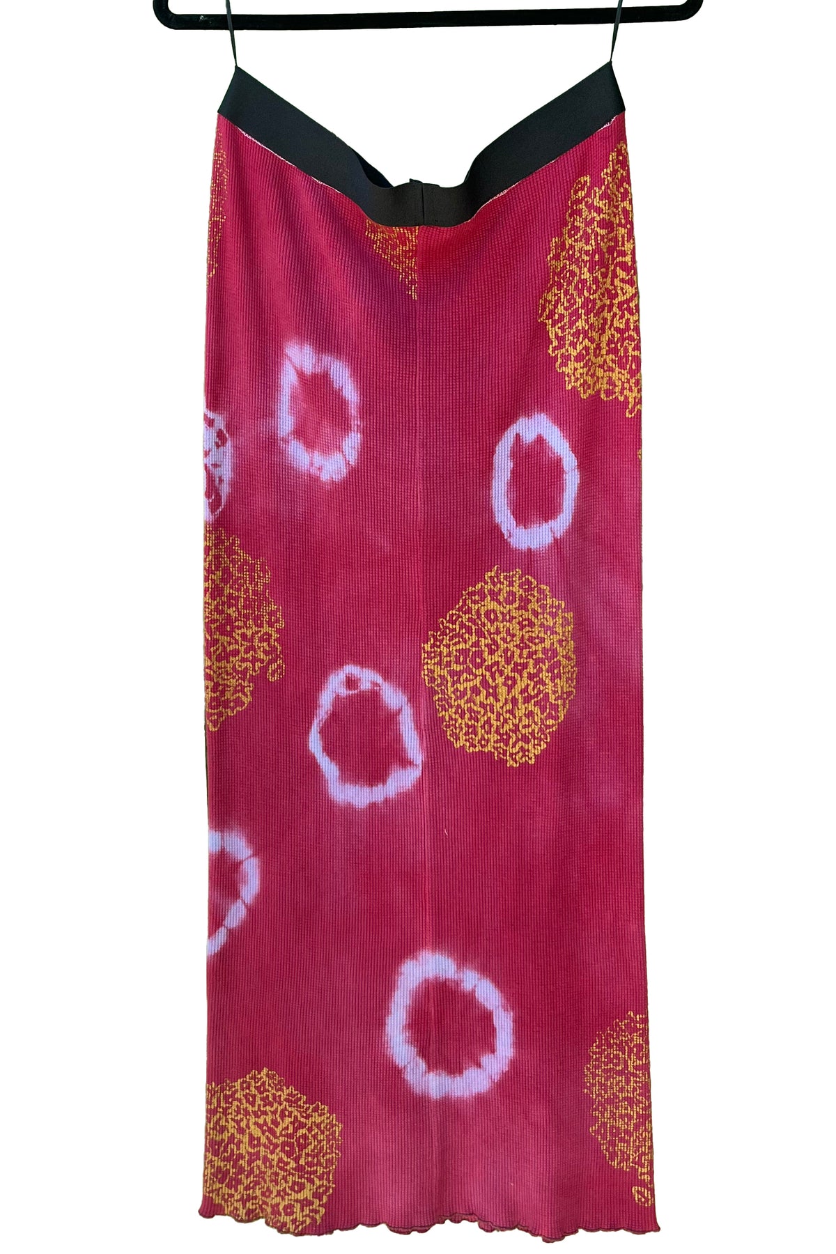 Tube Skirt | Organic Waffle Stretch Cotton | Itajime Circle Dye & Hyrdrangea Print | Red & Gold | Medium
