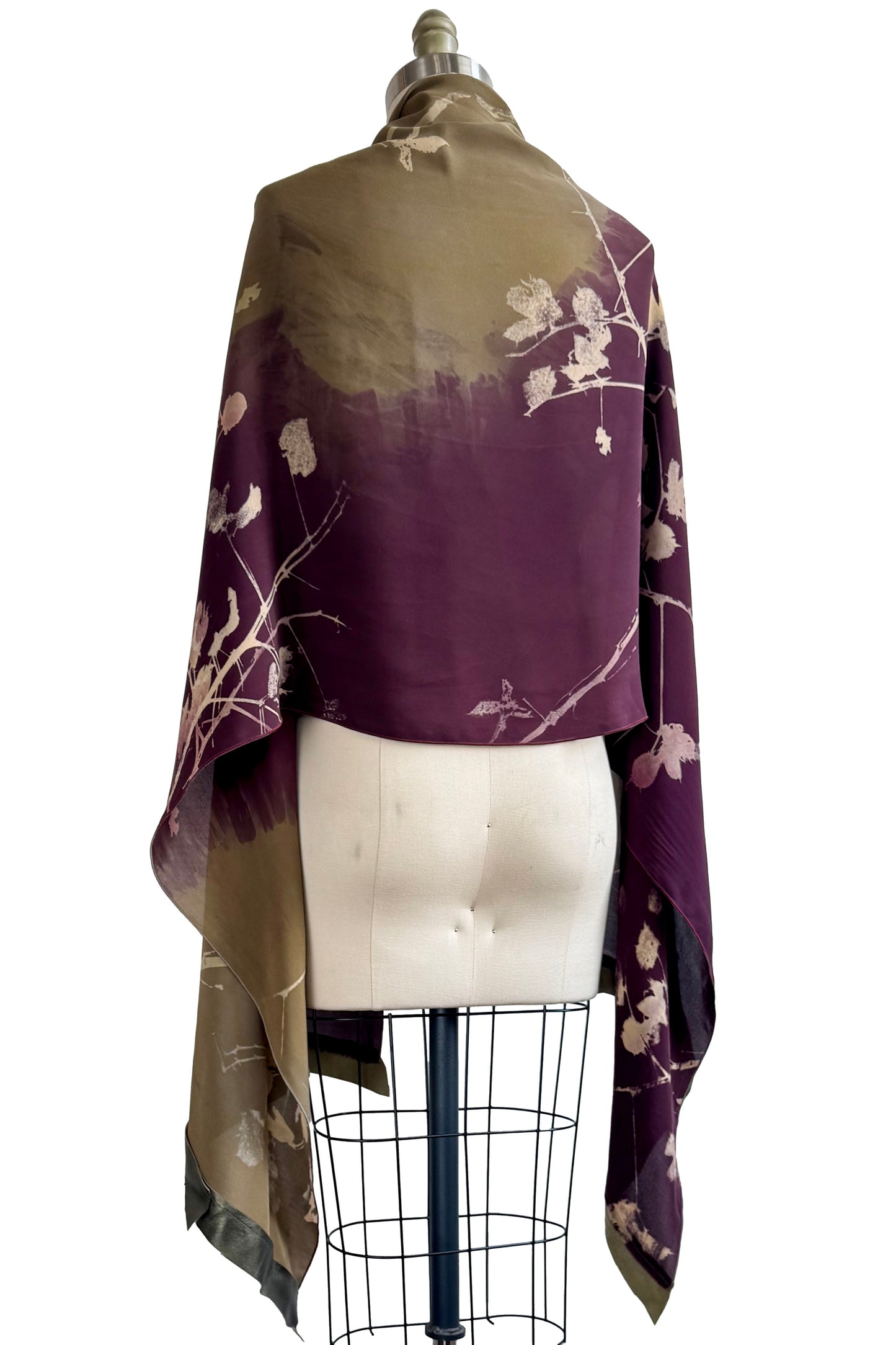 Shawl w/ Leather Trim | Silk Georgette | Branch Print | Olive Green & Eggplant