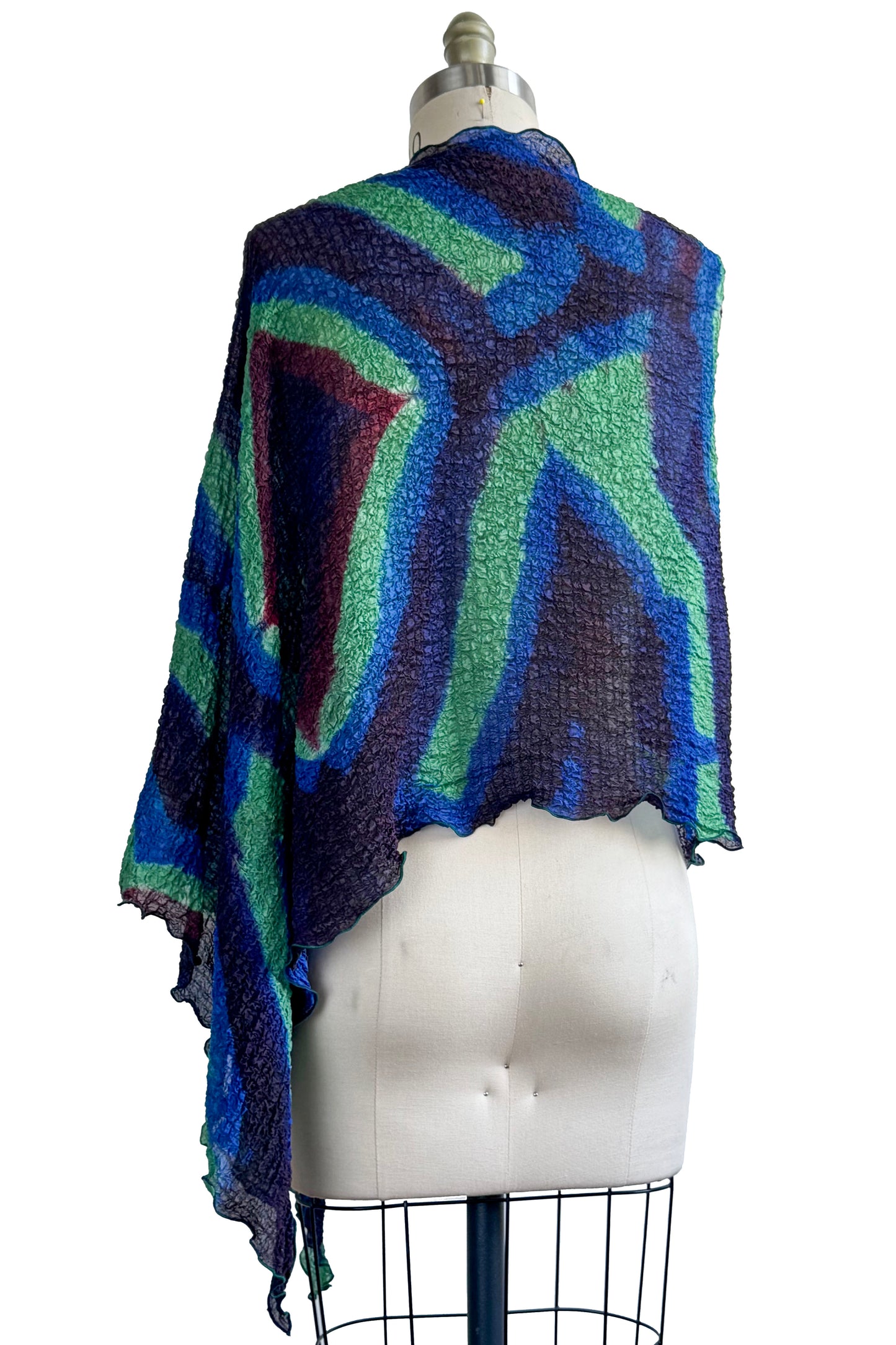 Asymmetrical Layover Poncho | Waffle Textured Silk | Itajime Dyed | Blue, Lime Green & Violet