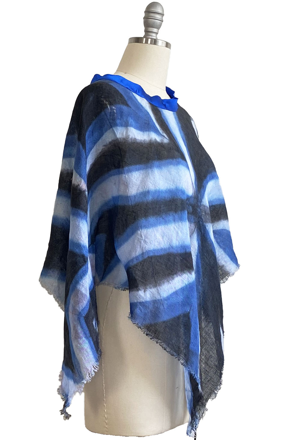 Open Weave Poncho w/ Silk Trim | Open Weave Linen | Itajime Dye | Blue, White & Black