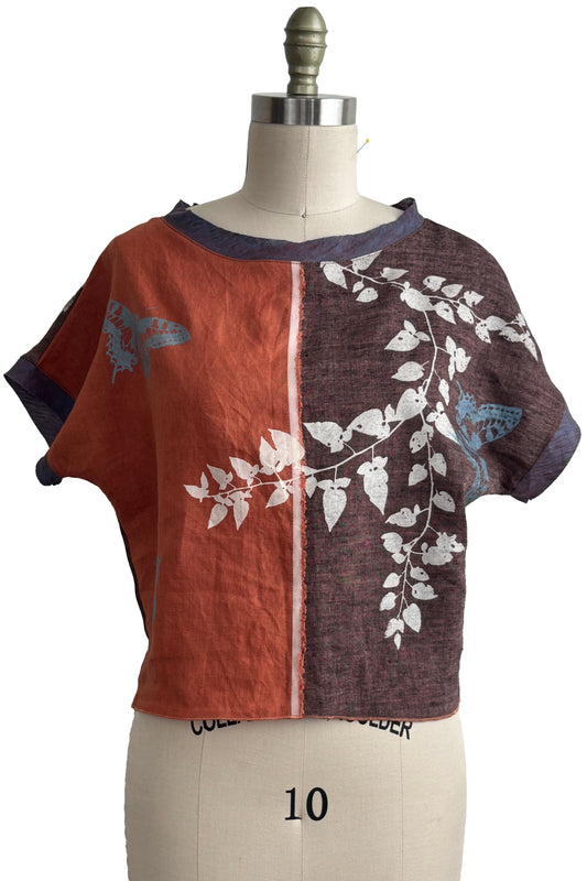 Jen Top | Linen | Vine & Butterfly Print | Orange, Brown & White | Small