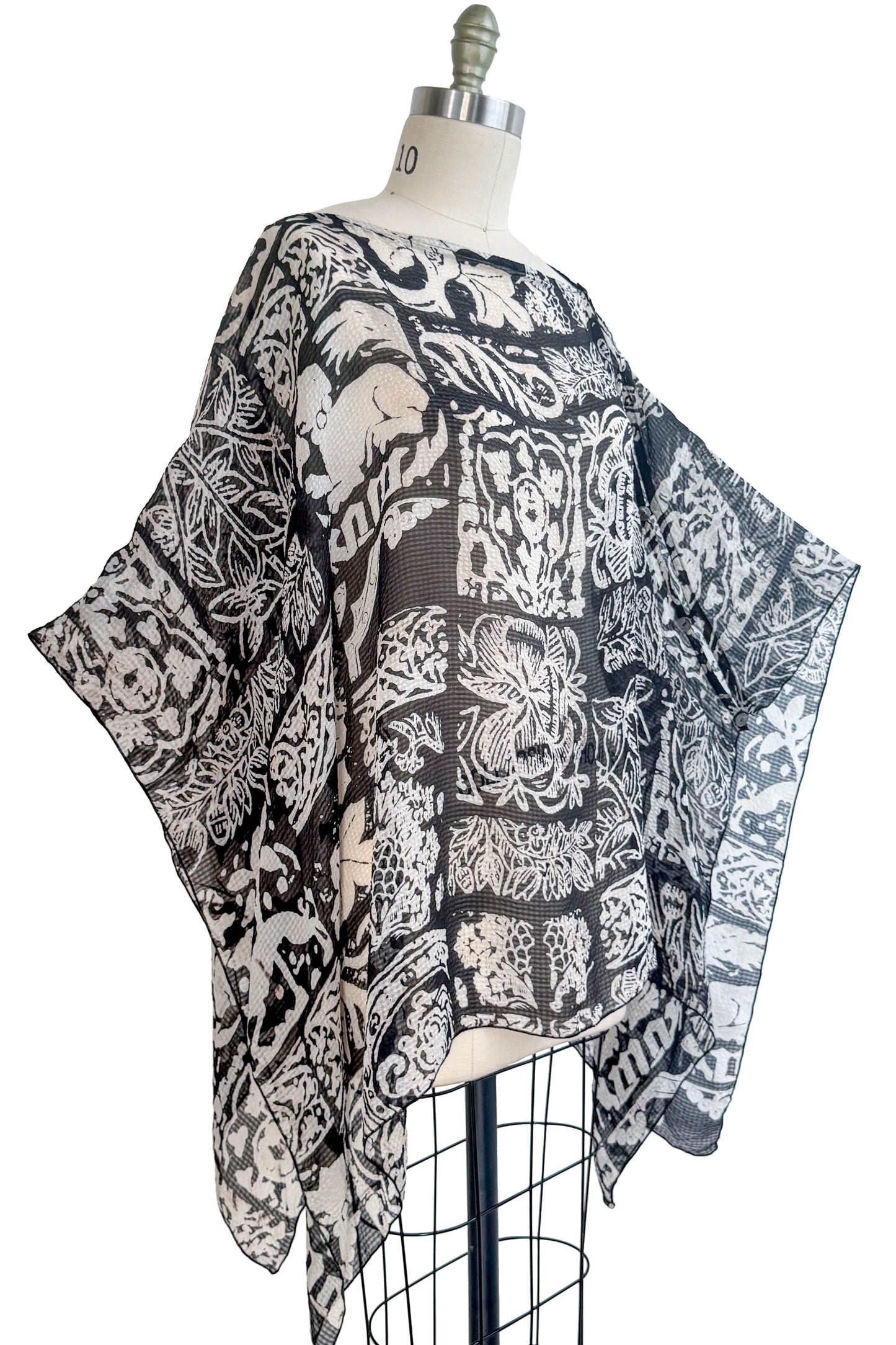 Button Drape | Seersucker Silk | Tile Print | Black & White