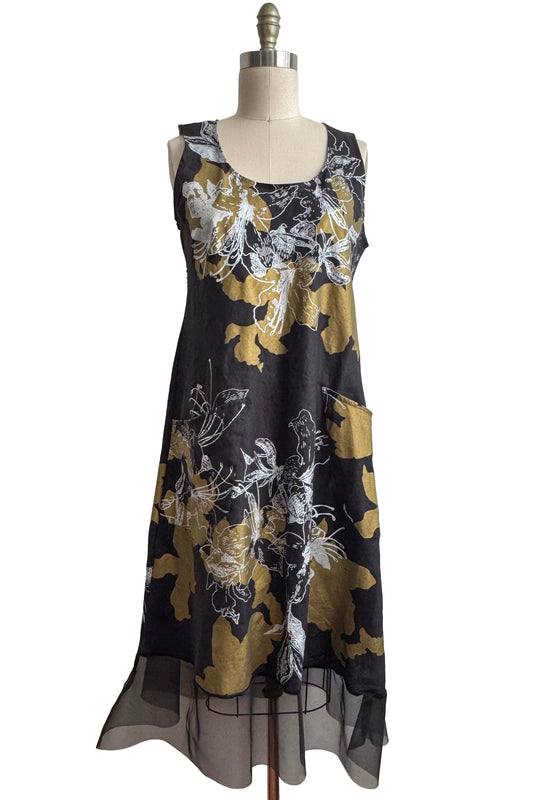 Emilia Dress | Linen w/ Silk Organza Trim | Azalea Print | Black & Gold | Small