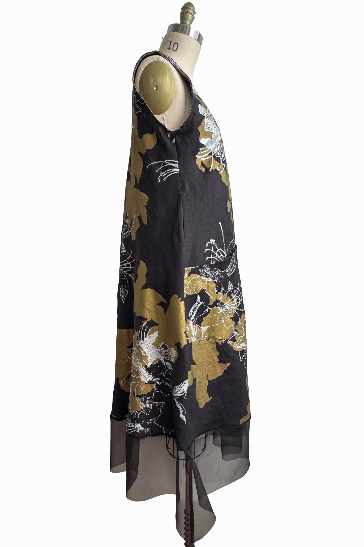 Emilia Dress | Linen w/ Silk Organza Trim | Azalea Print | Black & Gold | Small