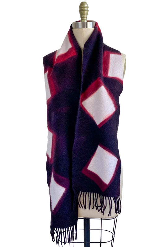 Cashmere Fringe Scarf w/ Shibori Dye Square - Eggplant, Red & White