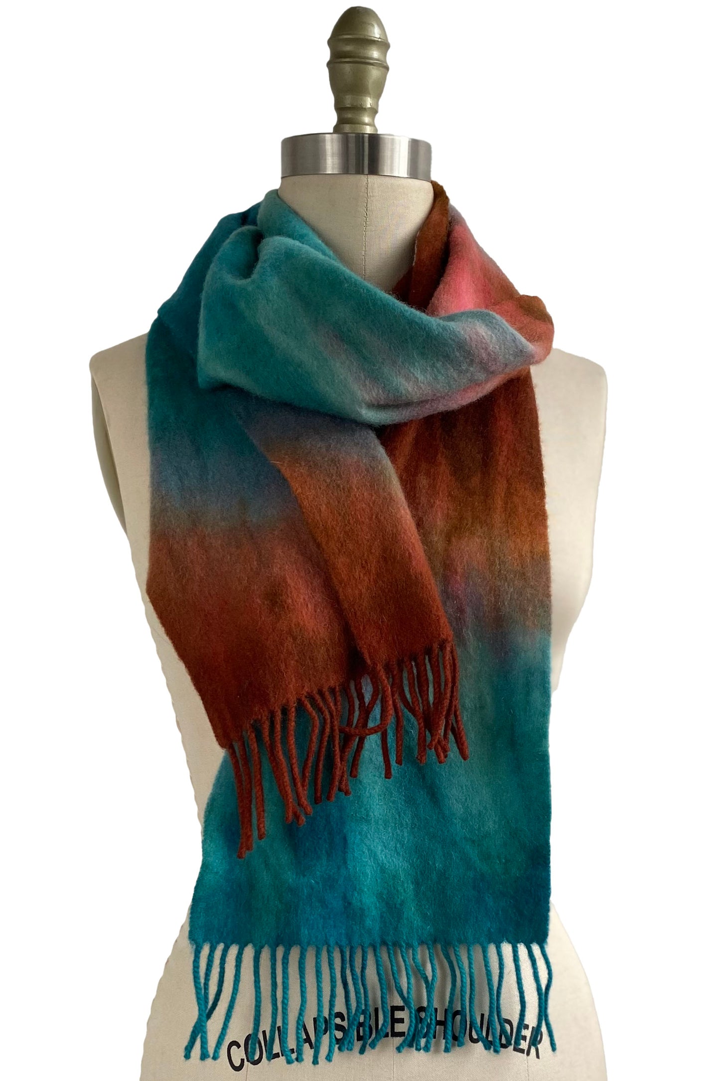 Cashmere Fringe Scarf w/ Ombre Dye - Rust & Turquoise