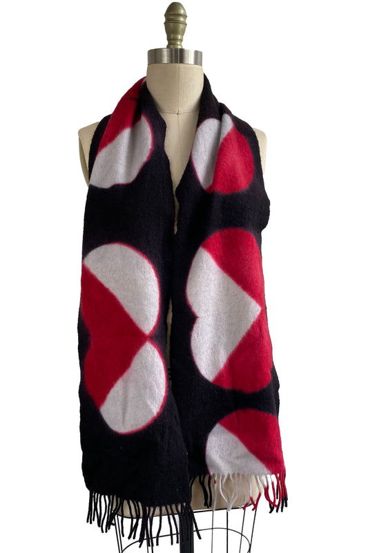 Cashmere Fringe Scarf w/ Shibori Dye Circle - Black, Red & White