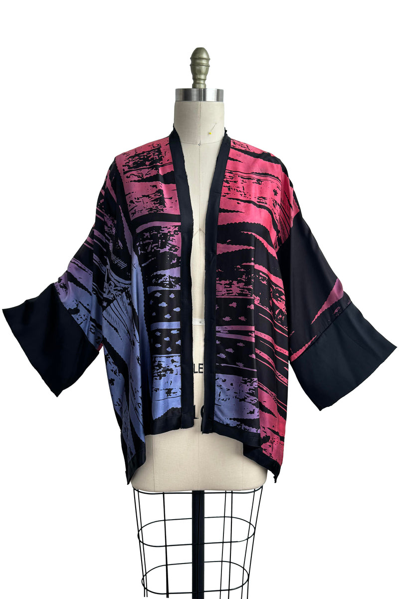 Lucianne Kimono | Silk Charmeuse | Brass Print & Overdye | Black, Pink & Lavender