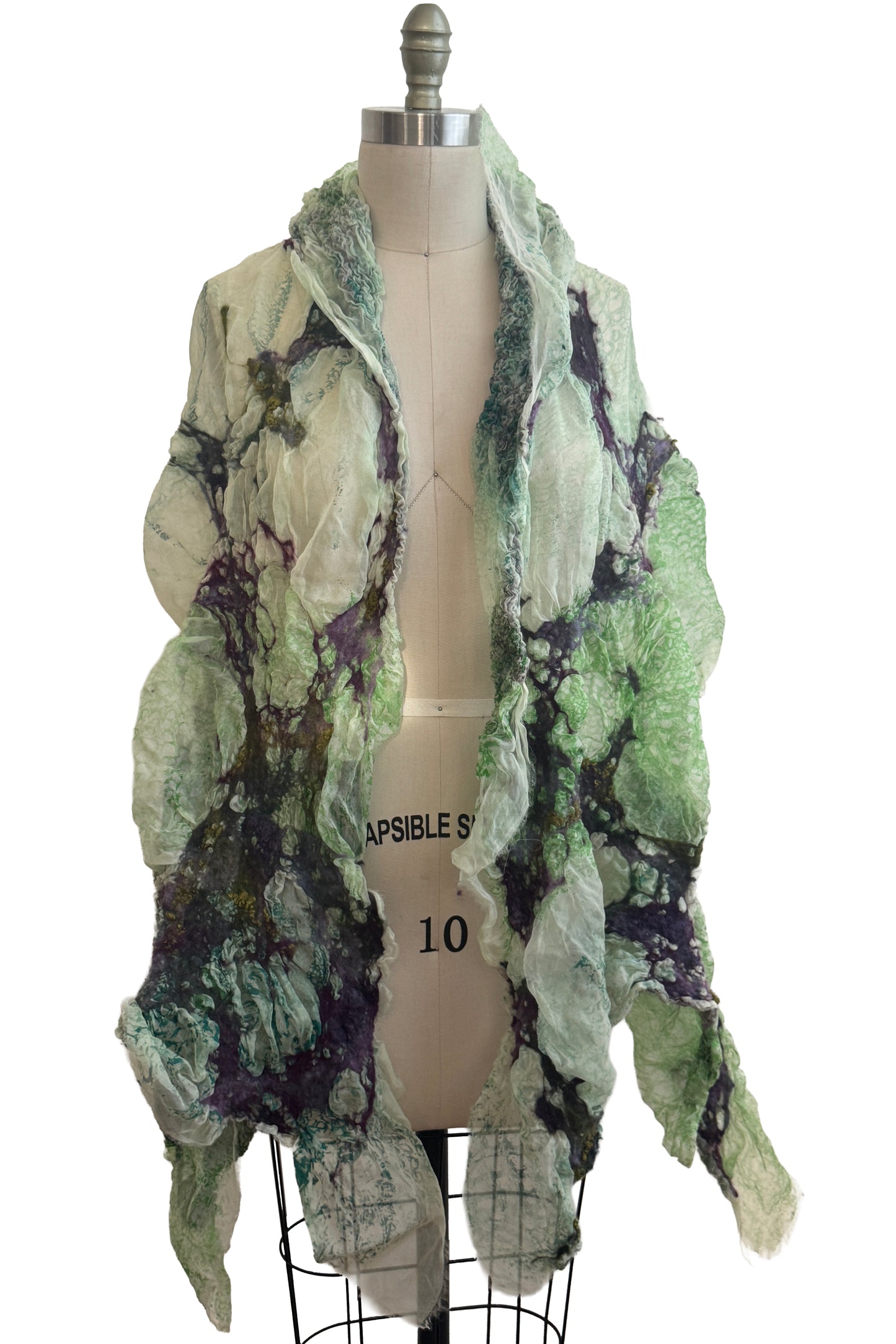 Felted Shawl | Silk Organza | Alligator Print | Light Green, Purple & Olive