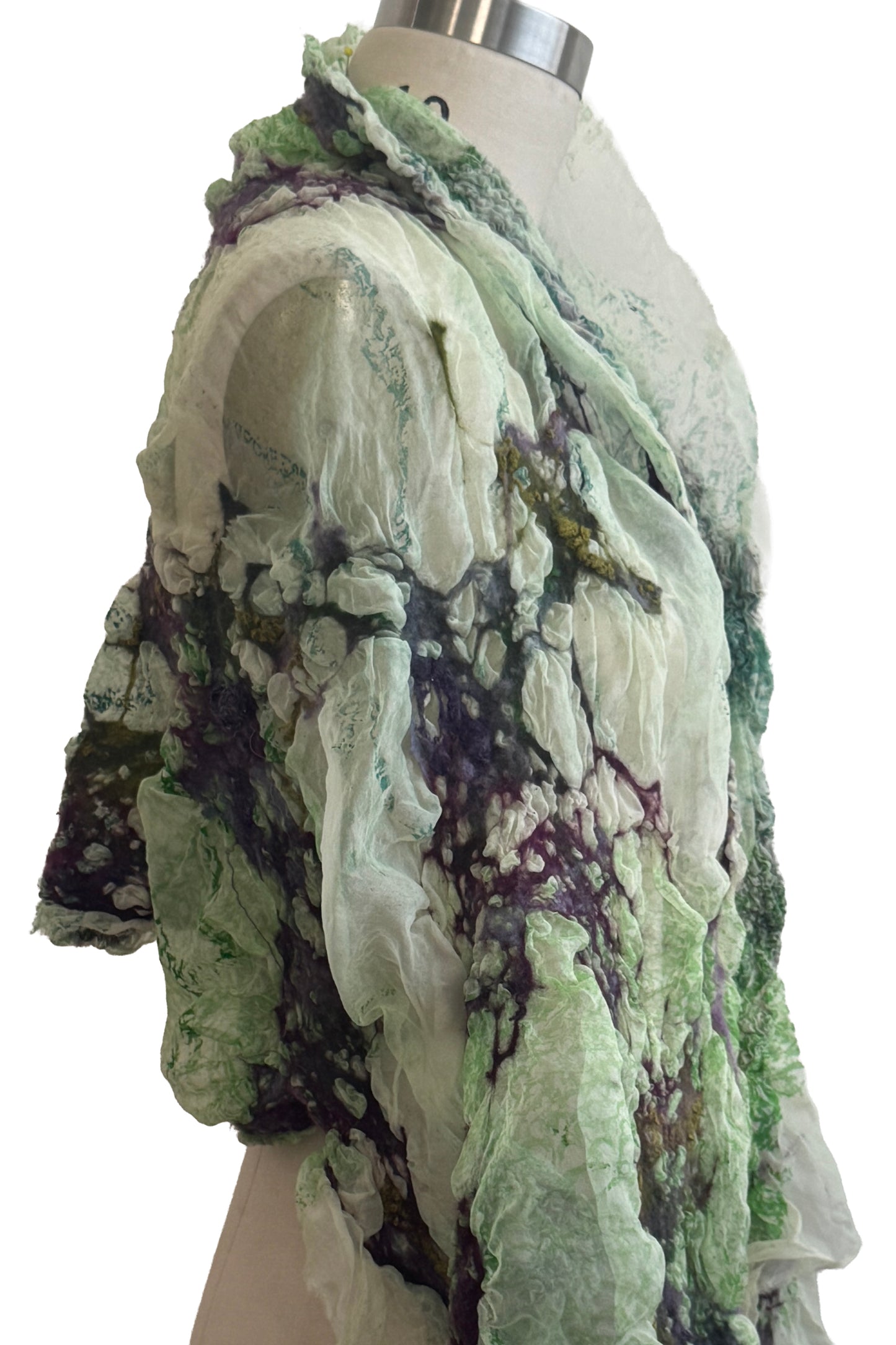 Felted Shawl | Silk Organza | Alligator Print | Light Green, Purple & Olive