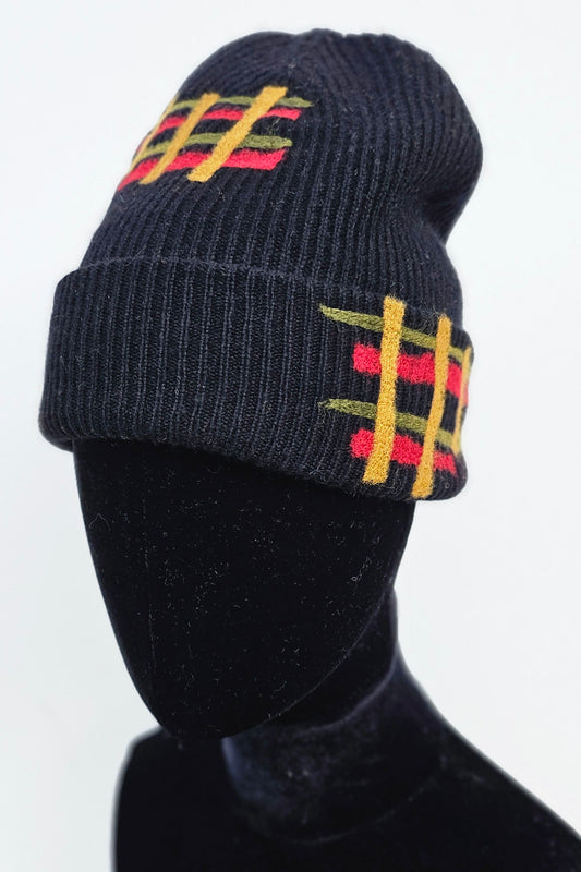 Cashmere Felted Beanie w/ Plaid - Black