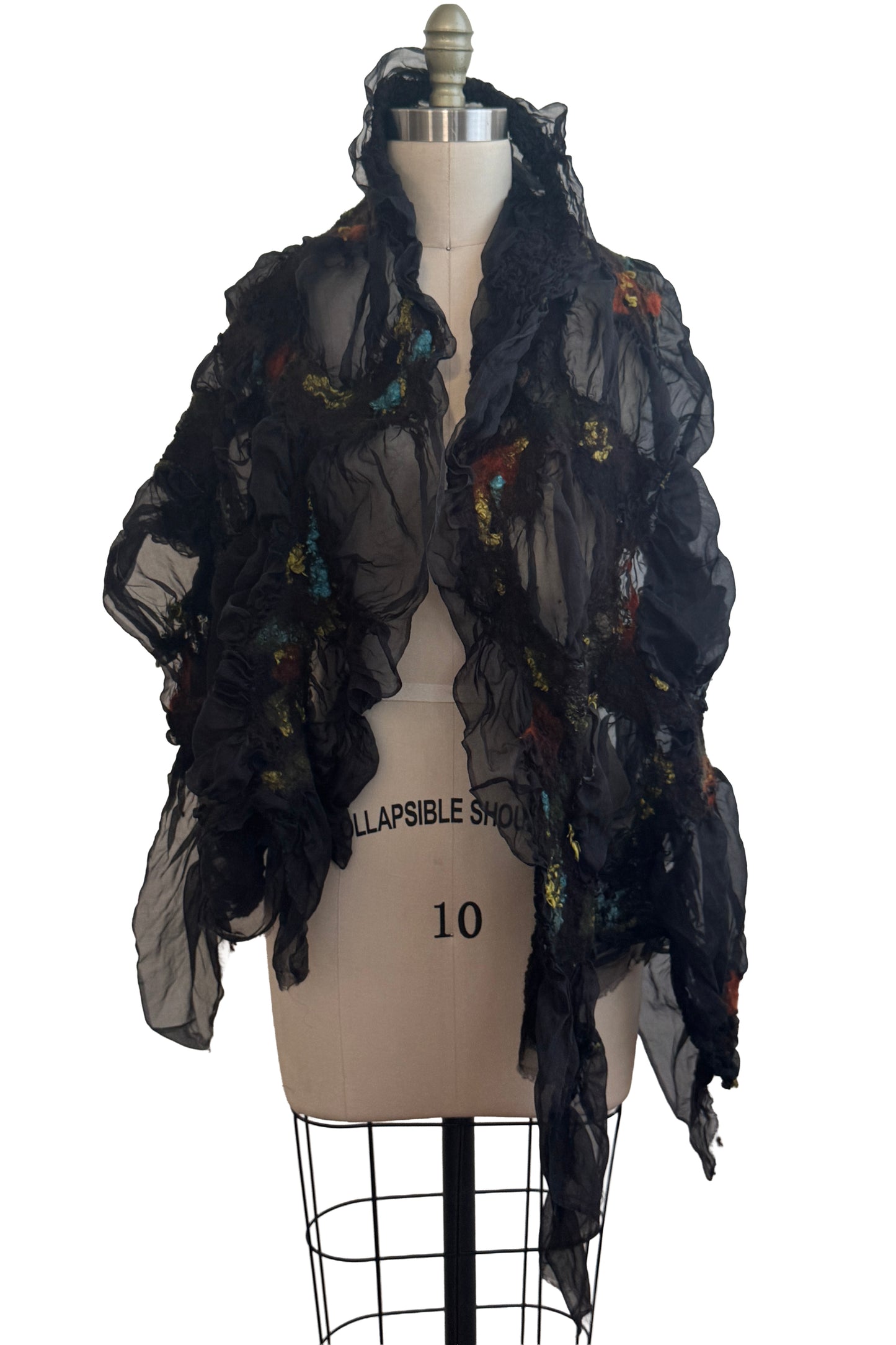 Felted Shawl | Silk Organza | Black, Rust, Turquoise & Gold