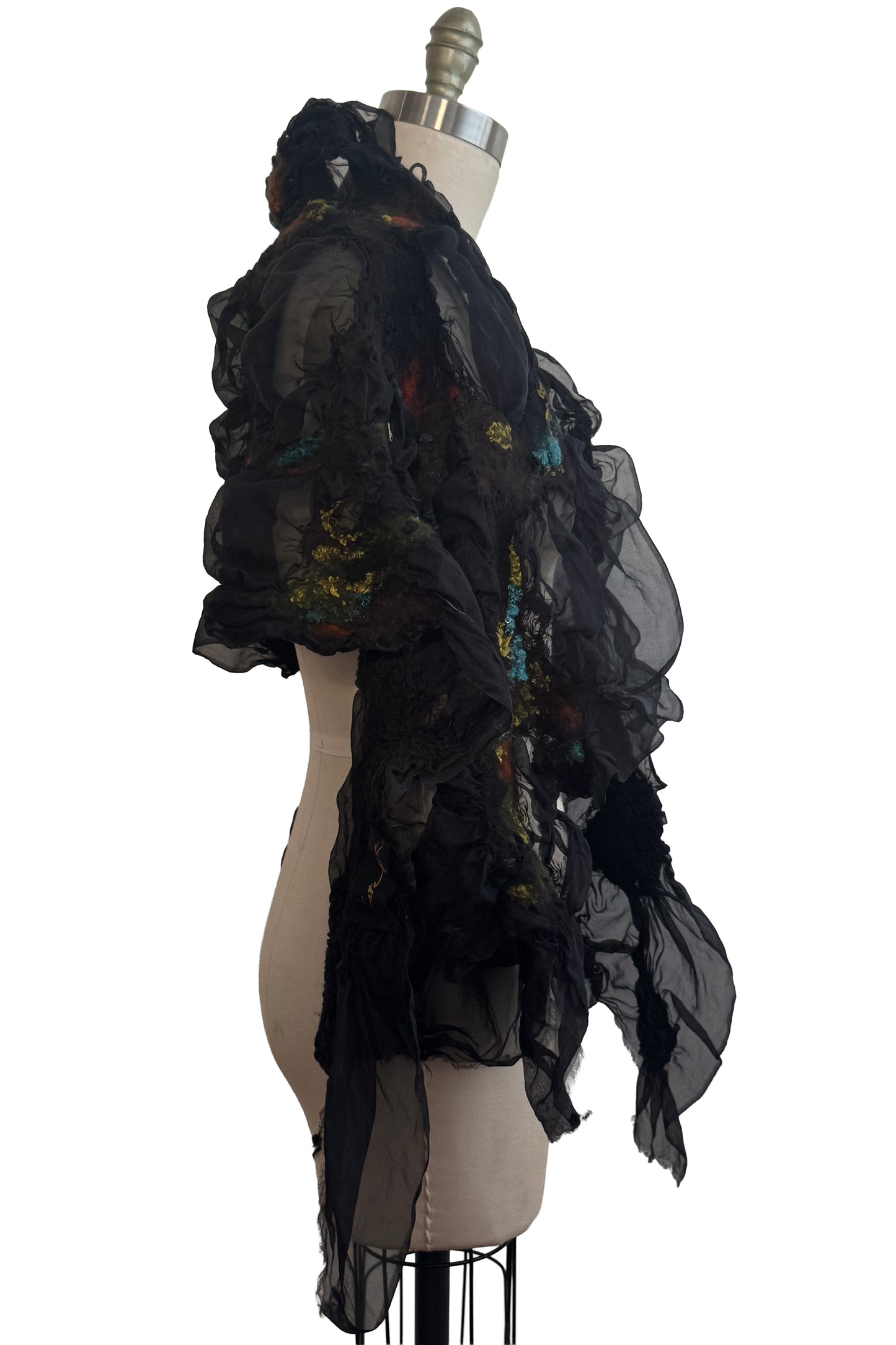 Felted Shawl | Silk Organza | Black, Rust, Turquoise & Gold