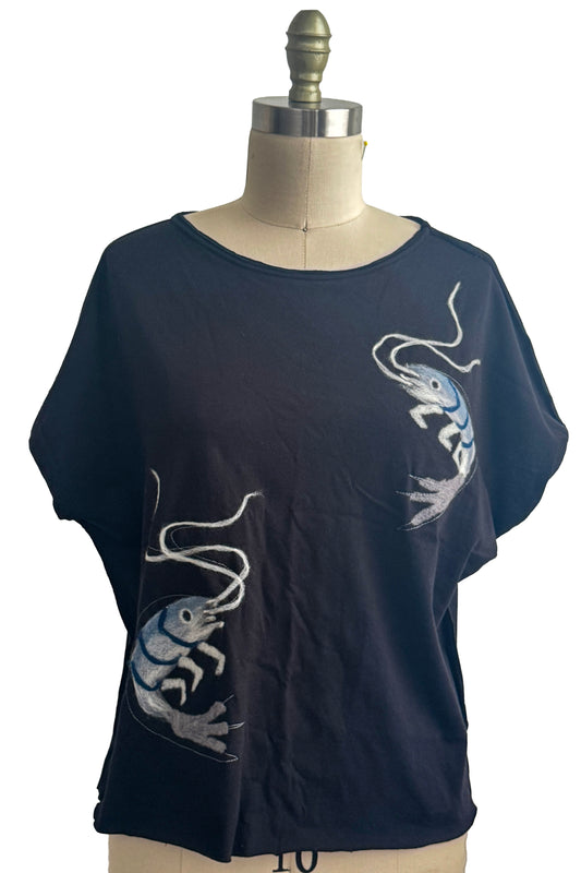 Jen Top | Organic Cotton Jersey | Needle Felted Crawfish | Black & Grey | Medium