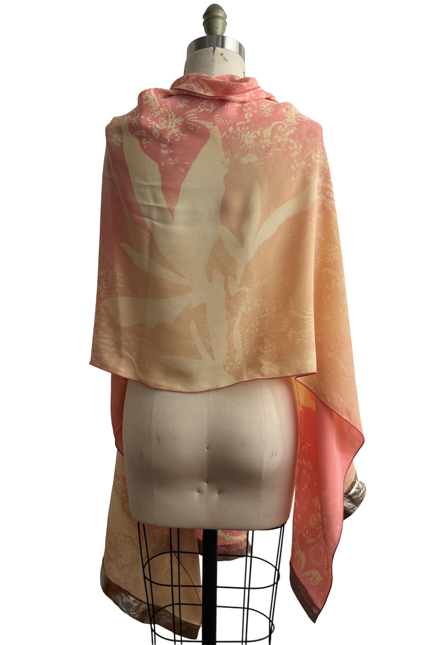 Shawl w/ Leather Trim | Silk Georgette | Wallpaper & Azalea Print | Coral, Yellow & Gold