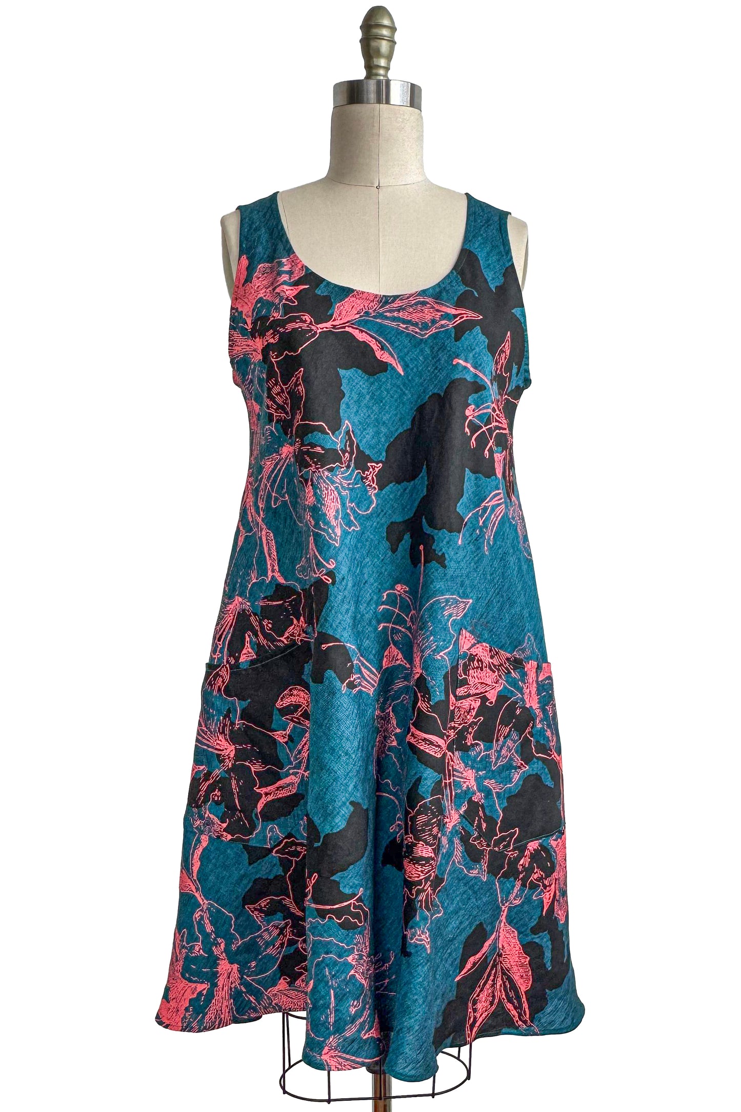 Emilia Dress | Linen | Azalea Print |Turquoise, Pink & Black | Small